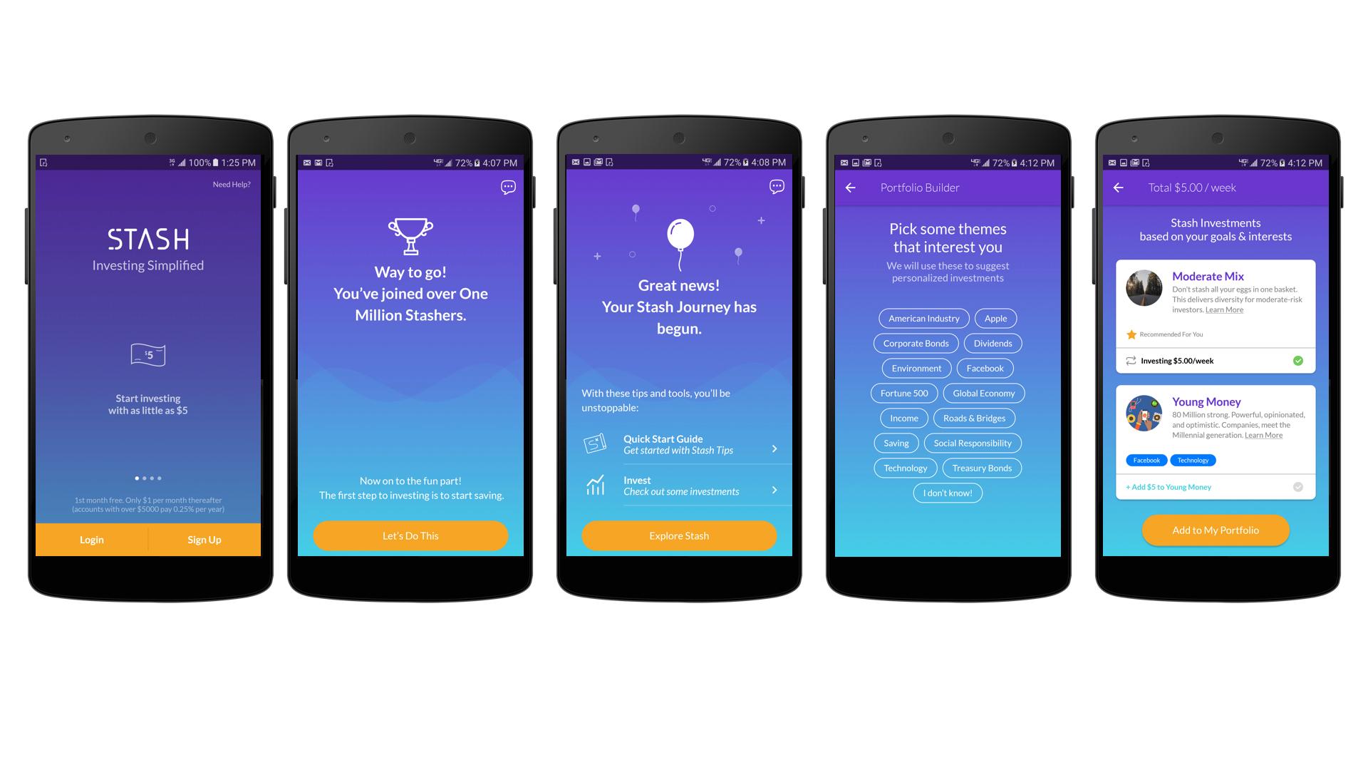 Screenshots of the Stash mobile app showcasing various features, including login, user welcome, investment journey, and portfolio builder options.