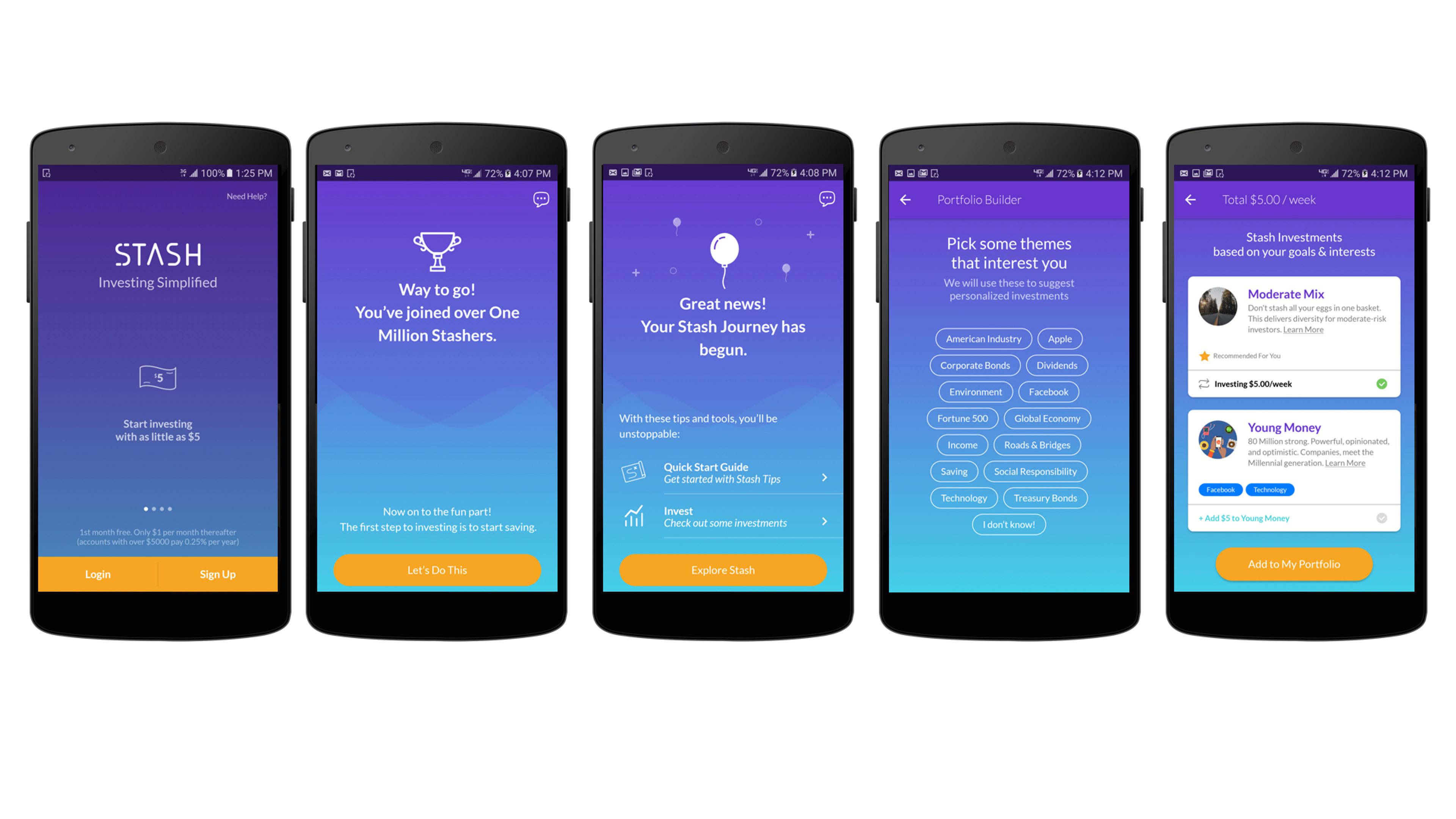 Screenshots of the Stash mobile app showcasing various features, including login, user welcome, investment journey, and portfolio builder options.