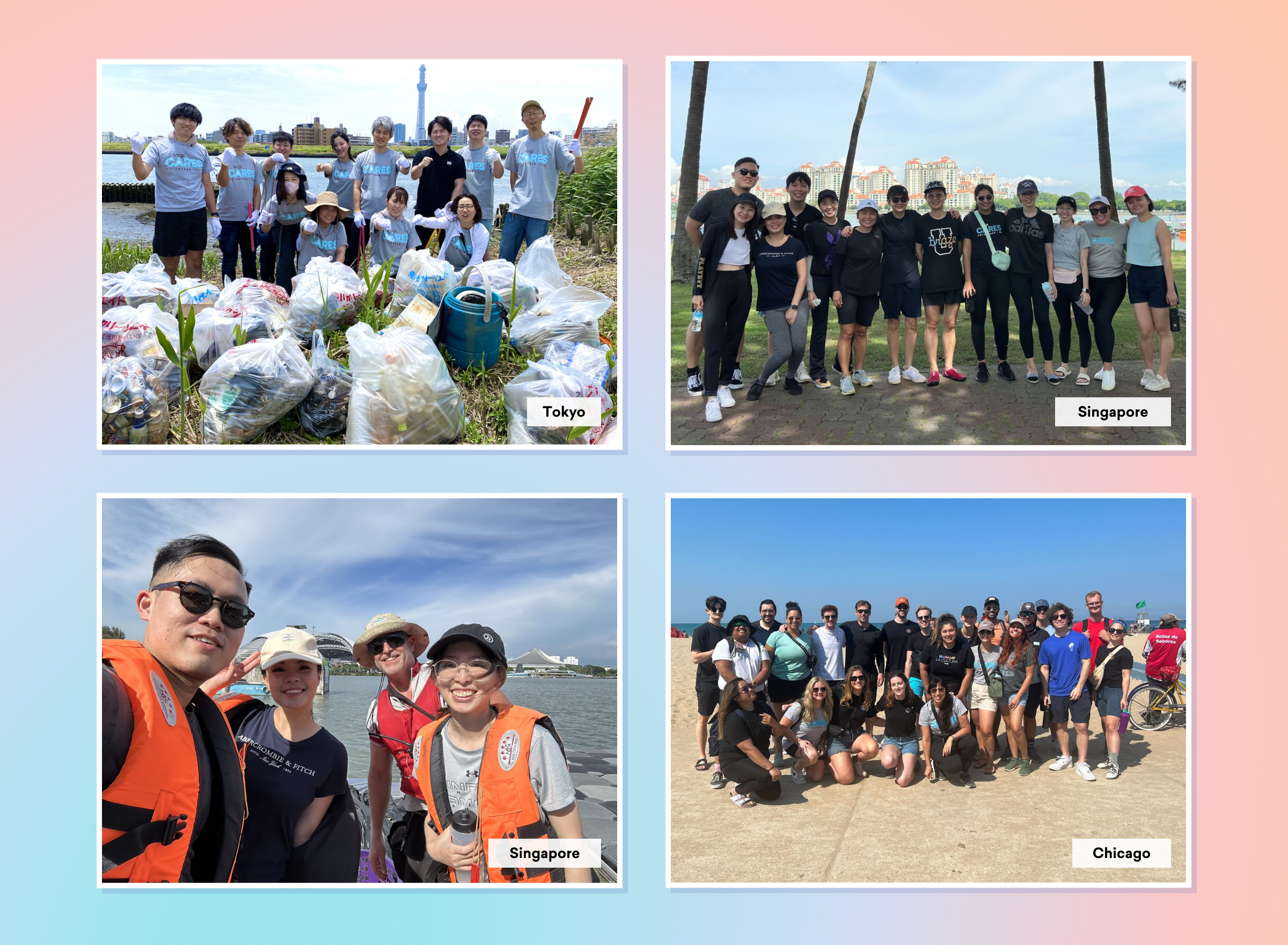 A collage featuring four groups of people participating in environmental clean-up activities in Tokyo, Singapore, and Chicago, with images of collected trash and team photos. Each location is labeled with its name.