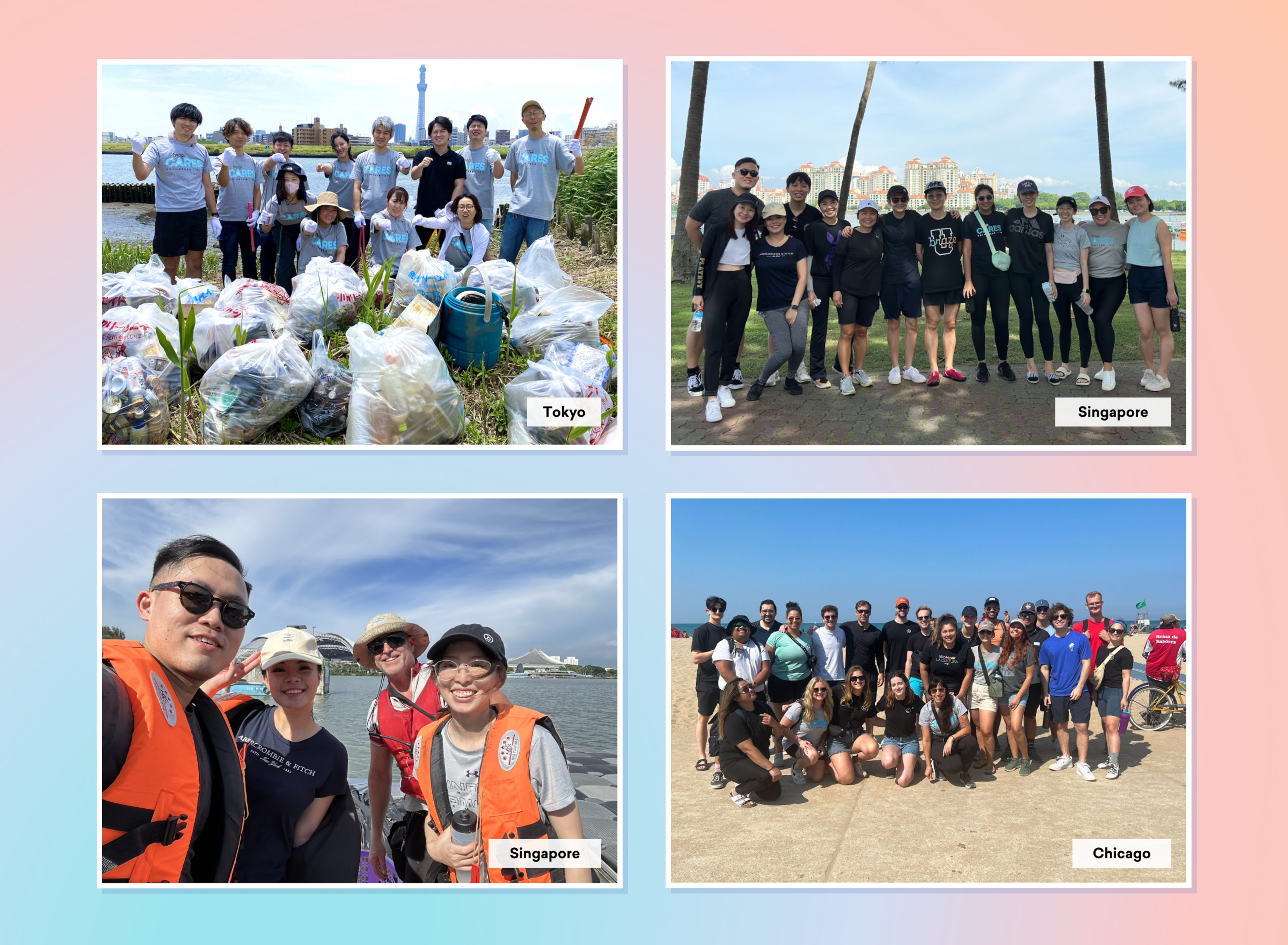 A collage featuring four groups of people participating in environmental clean-up activities in Tokyo, Singapore, and Chicago, with images of collected trash and team photos. Each location is labeled with its name.