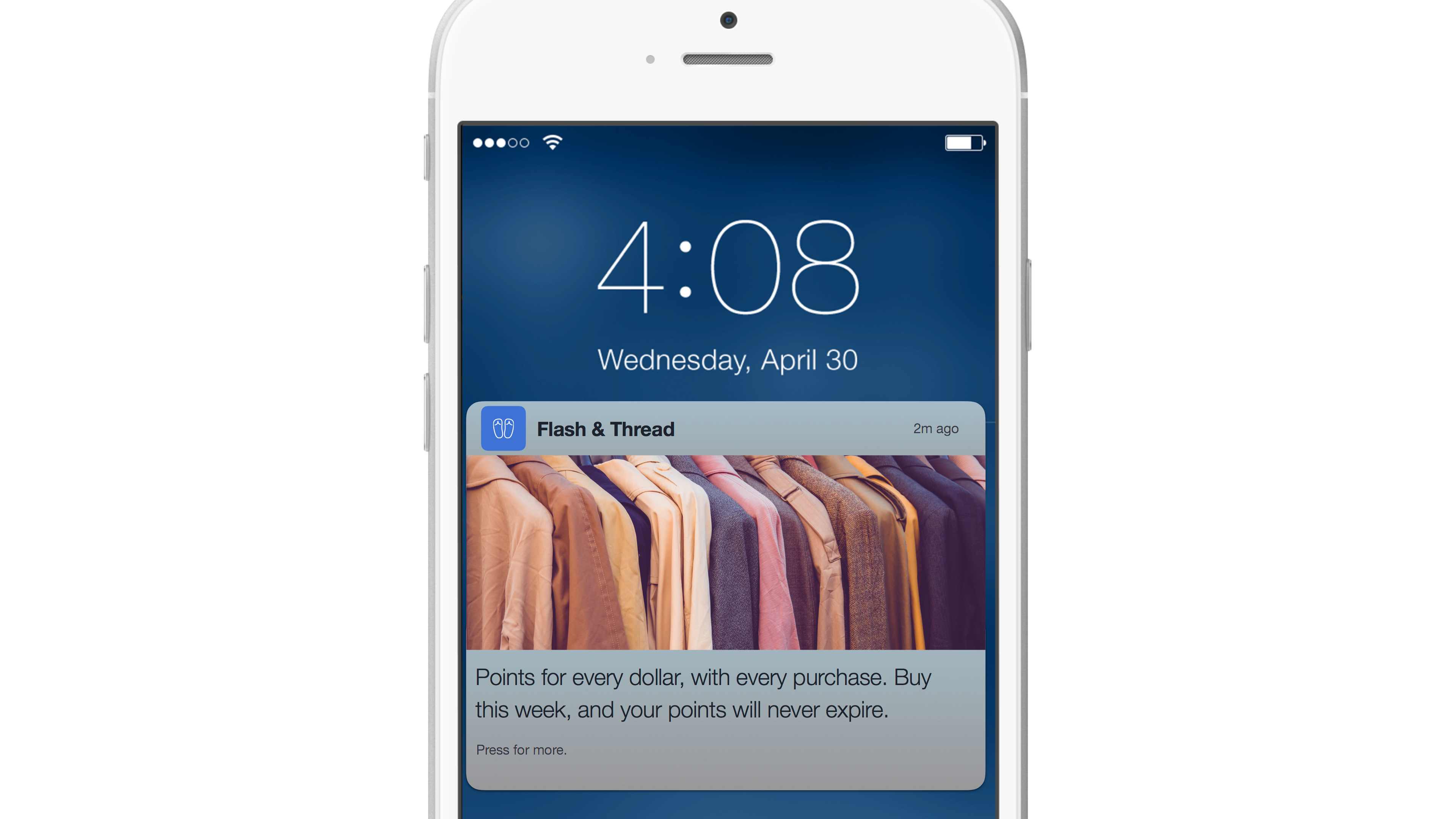 A smartphone screen displaying the time 4:08 on Wednesday, April 30, with a notification from "Flash & Thread" about earning points on purchases.