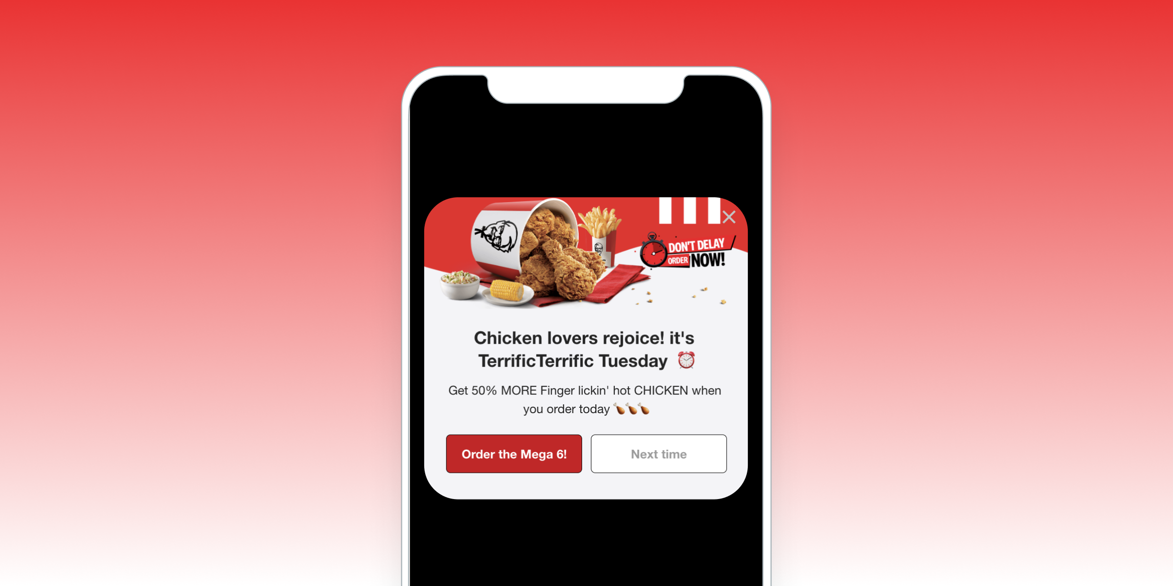 a phone with a chicken lovers rejoice advertisement on it