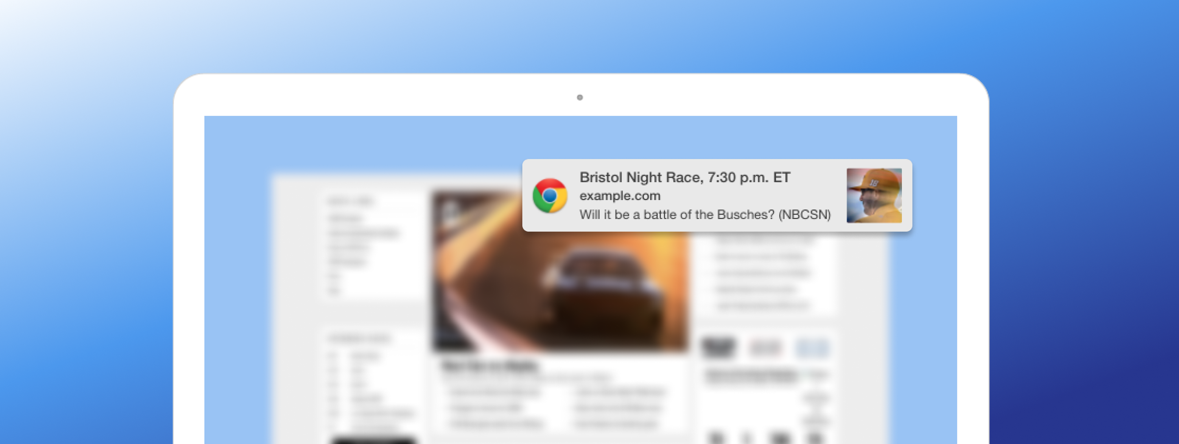 A laptop screen displays a webpage about the Bristol Night Race, featuring a notification about the event time and a question regarding its broadcast. The background is a gradient of blue.