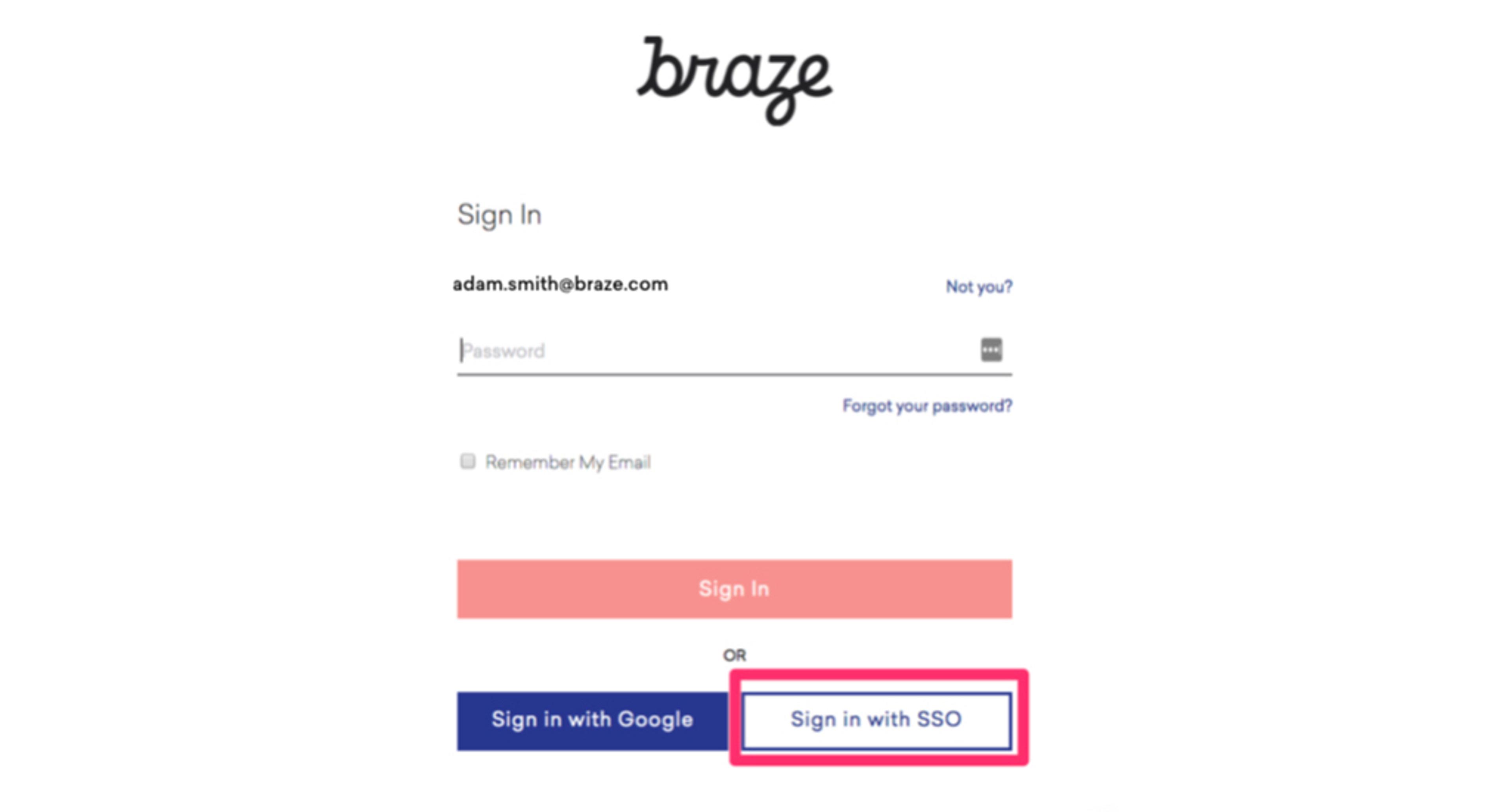 A login screen for Braze with fields for email and password, and options to sign in with Google or SSO.