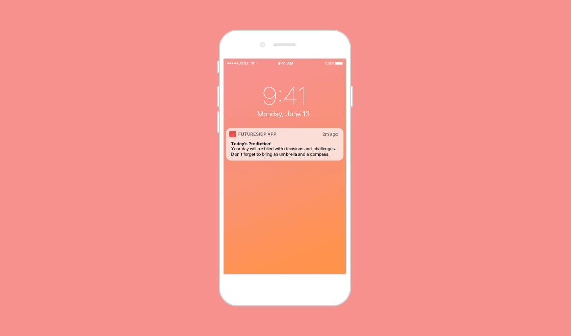 A smartphone displaying a notification from the Futures App about a daily prediction. The background is a solid pink color.