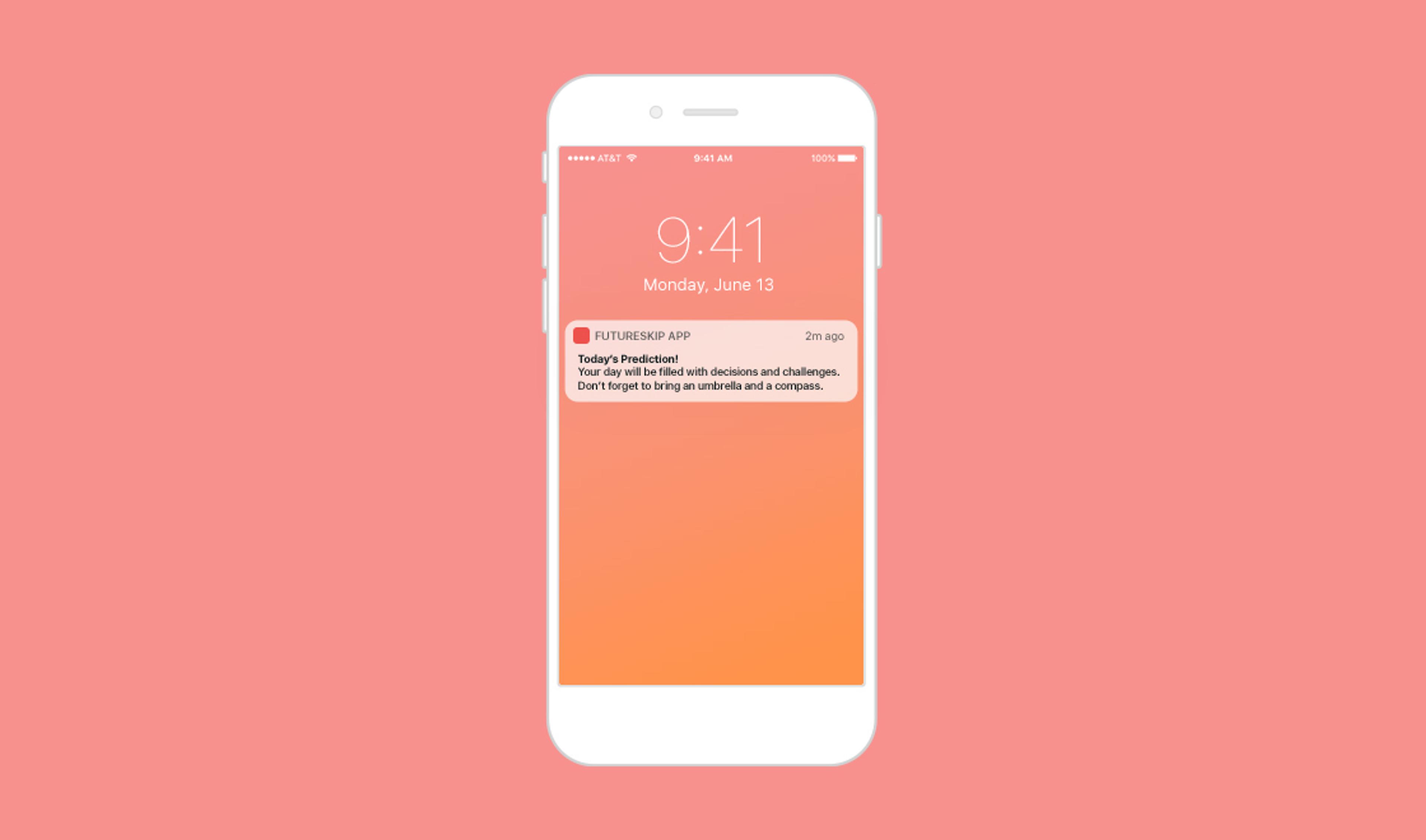 A smartphone displaying a notification from the Futures App about a daily prediction. The background is a solid pink color.