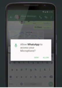A smartphone screen displaying a WhatsApp chat with a prompt asking for microphone access. The chat shows a message from "Alice Whitman" saying "Hi there.