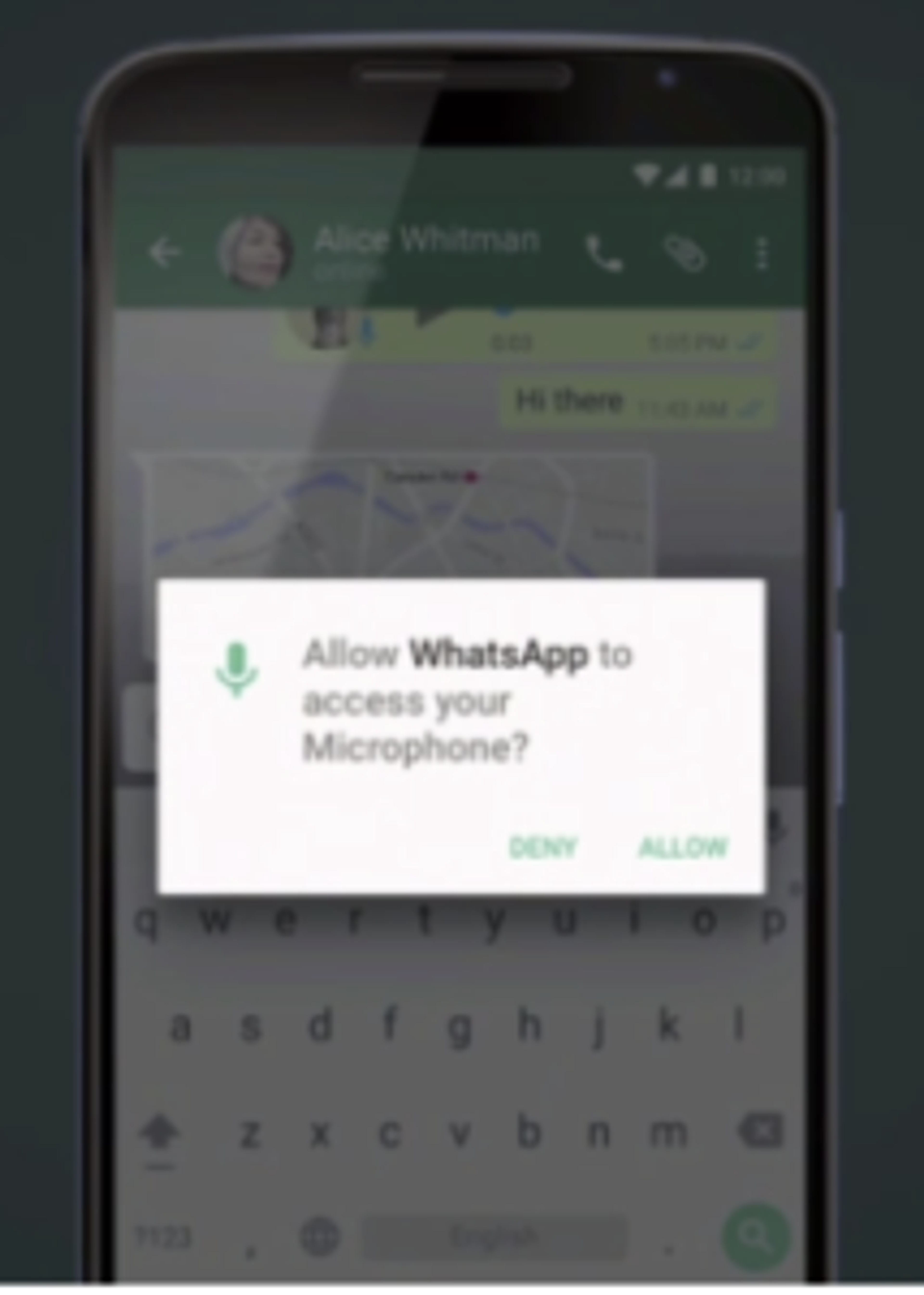 A smartphone screen displaying a WhatsApp chat with a prompt asking for microphone access. The chat shows a message from "Alice Whitman" saying "Hi there.
