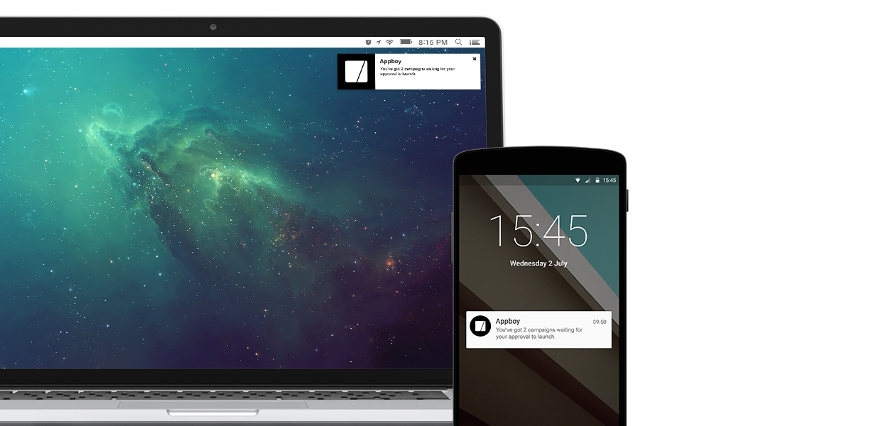 A laptop and a smartphone displaying notifications from an app called "Appley." The laptop shows a cosmic background, while the smartphone has a sleek design.