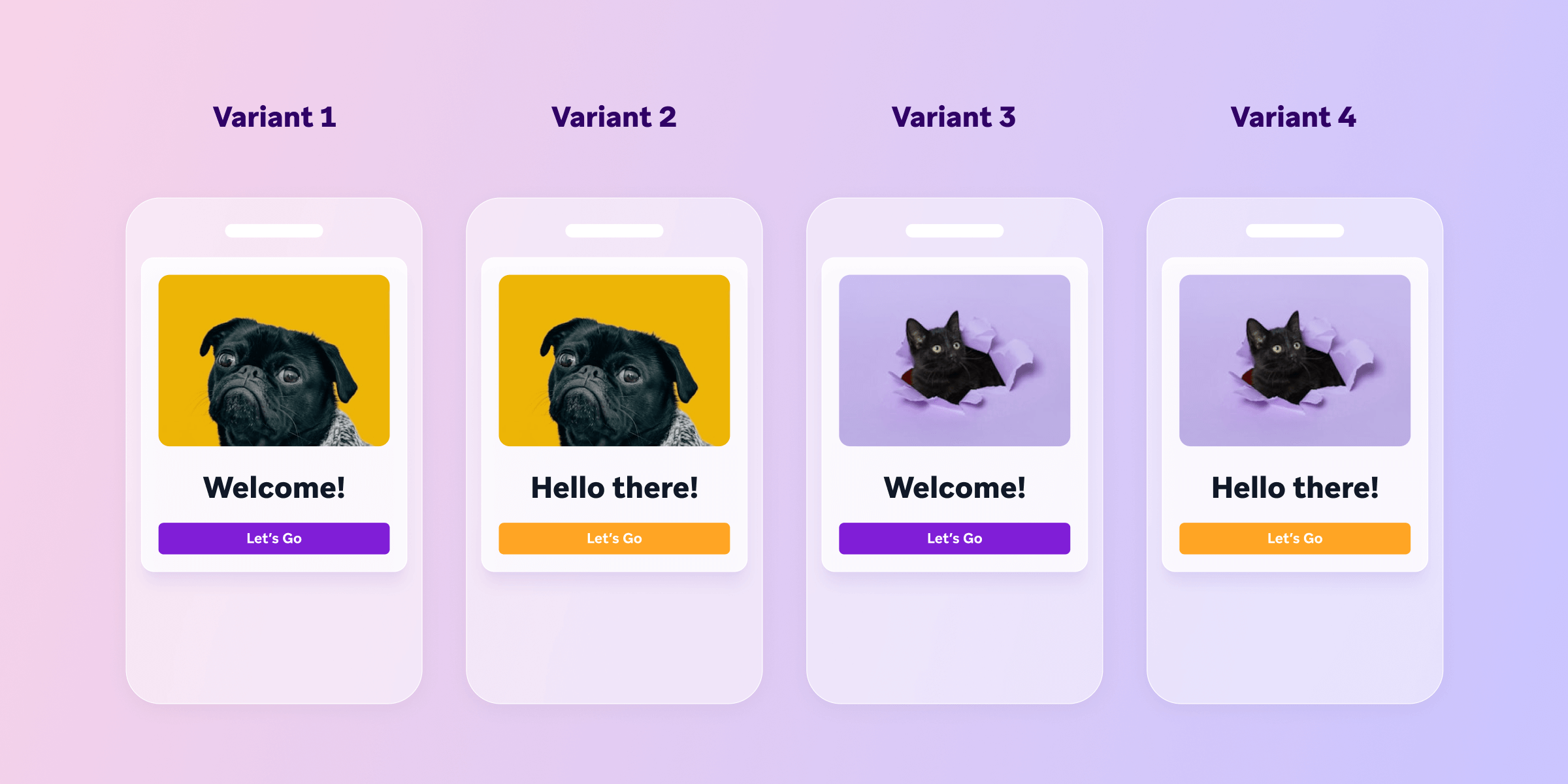 four different versions of a welcome message with a pug and a cat