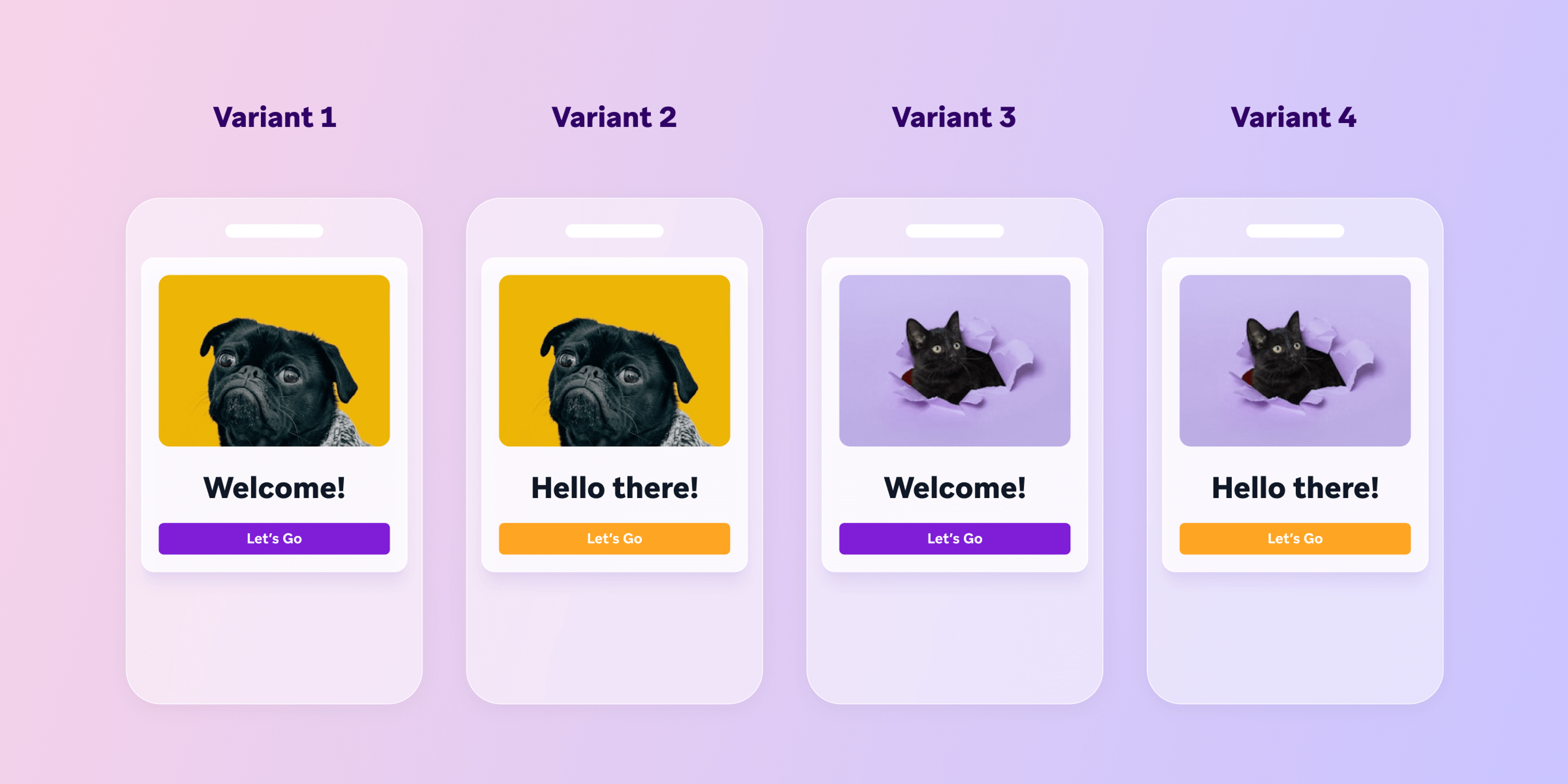 four different versions of a welcome message with a pug and a cat