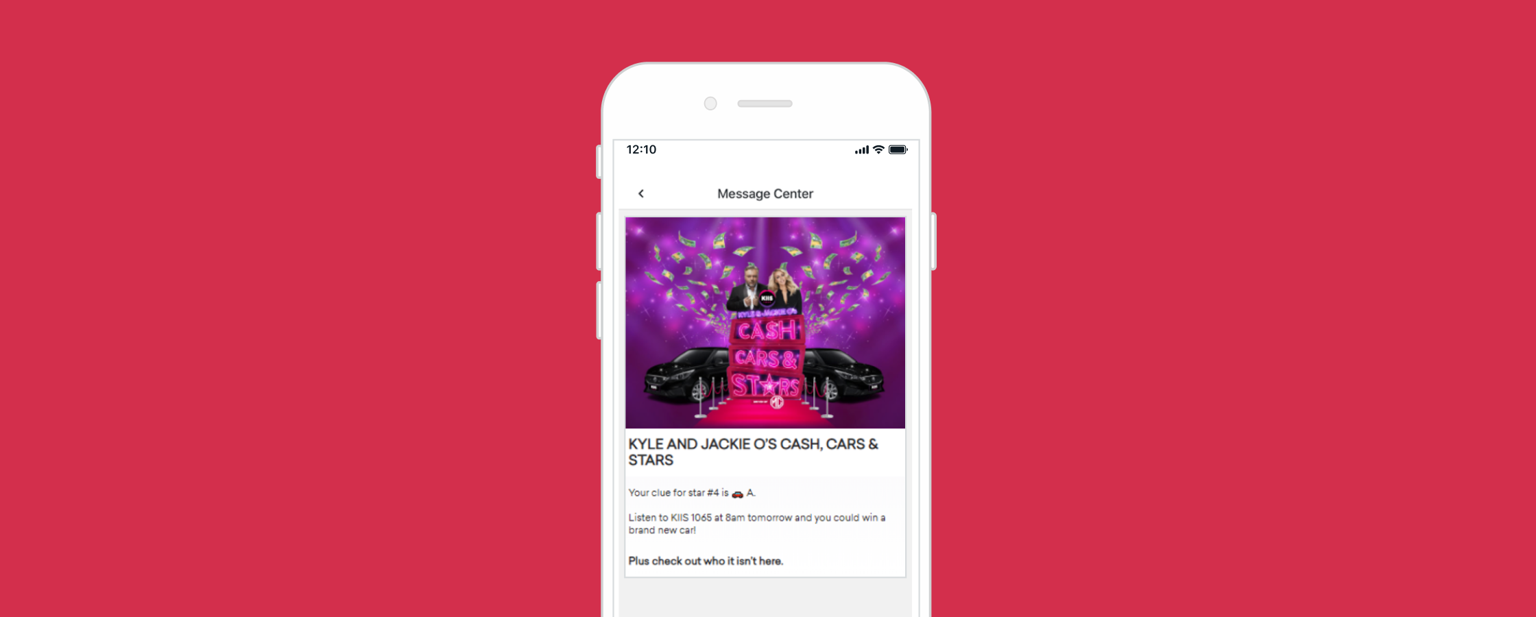 A smartphone displaying a message about a promotion featuring cars and stars, with colorful graphics and text. The background is bright pink.