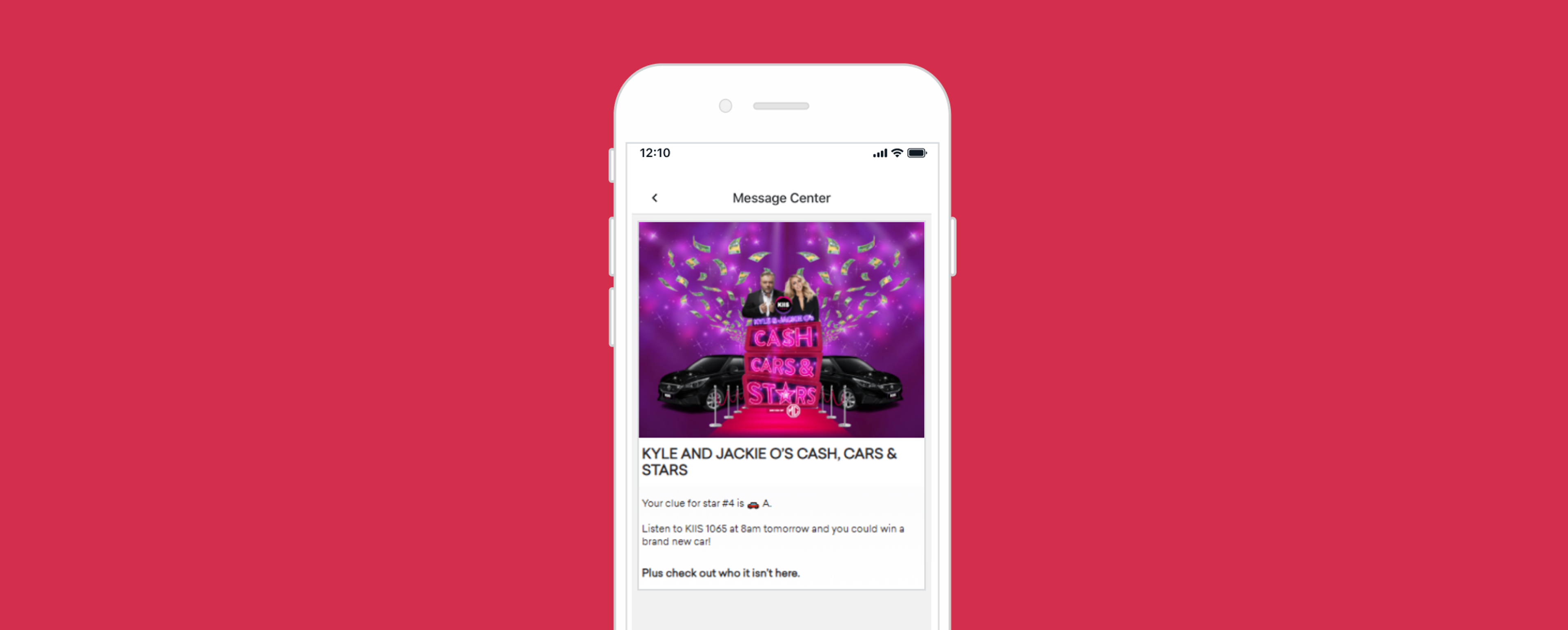 A smartphone displaying a message about a promotion featuring cars and stars, with colorful graphics and text. The background is bright pink.