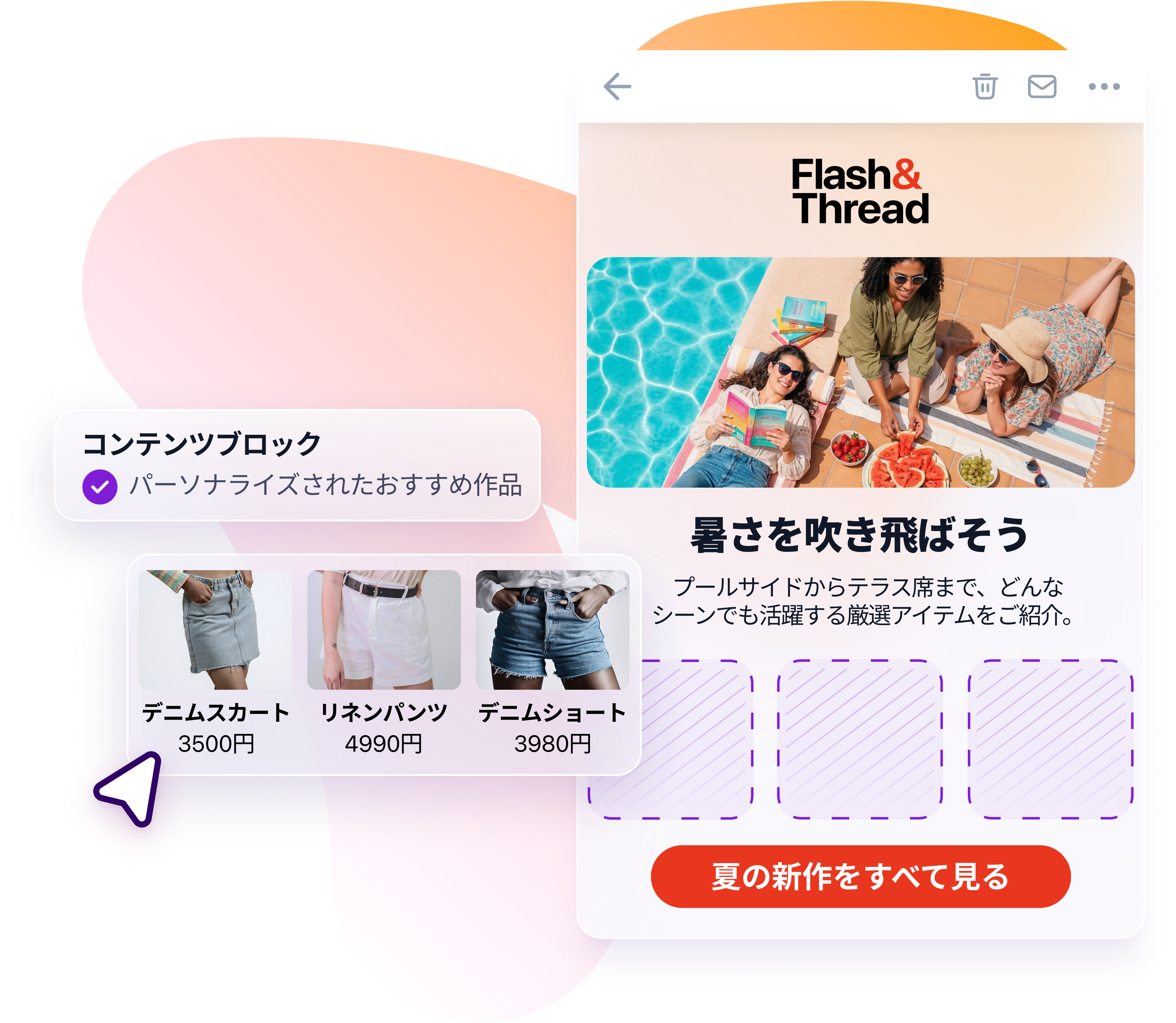 メールテンプレートにデニムスカートとショーツのパーソナライズされた商品レコメンデーションが表示され、左側に「コンテンツブロック」メニューが開いている様子。