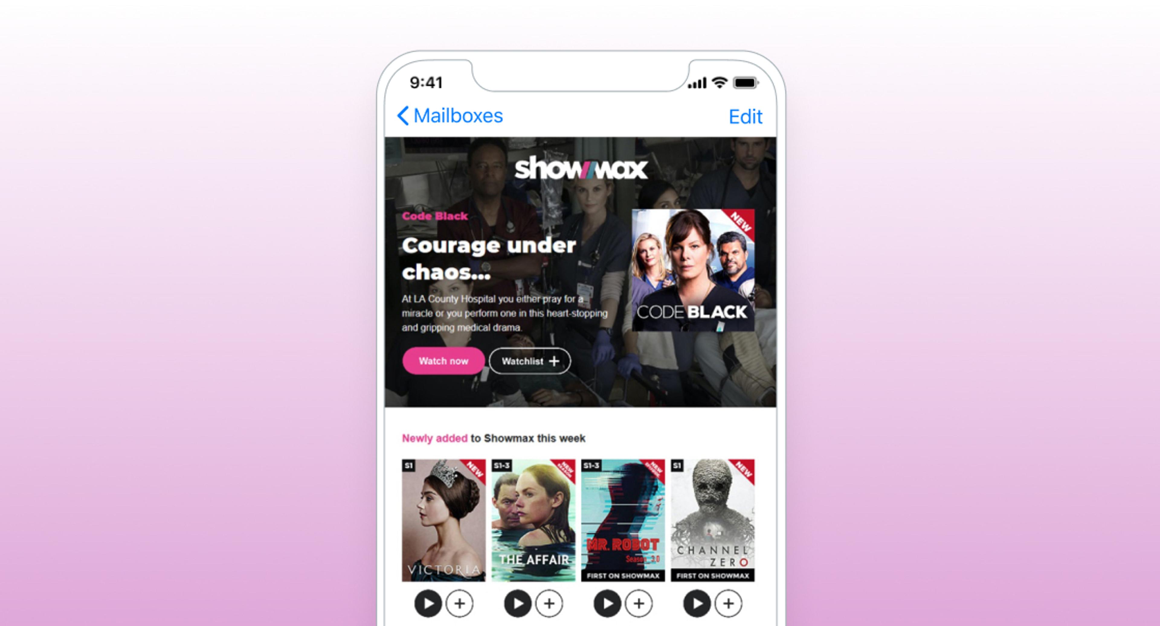 A mobile screen displaying the Showmax app with promotional content for the series "Code Black" and a list of newly added titles. The background features a gradient from pink to purple.