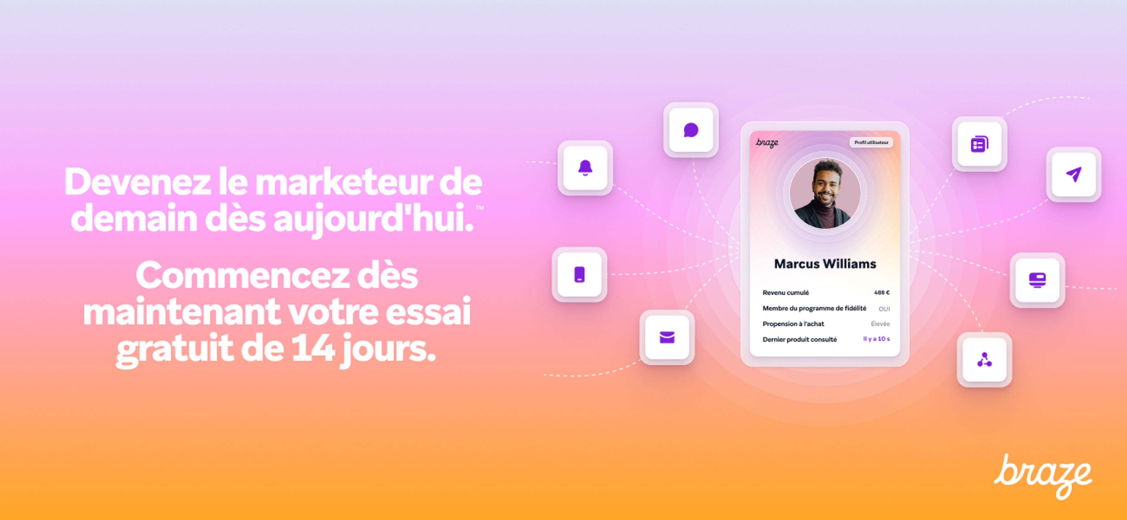 an advertisement for braze with a picture of marcus williams