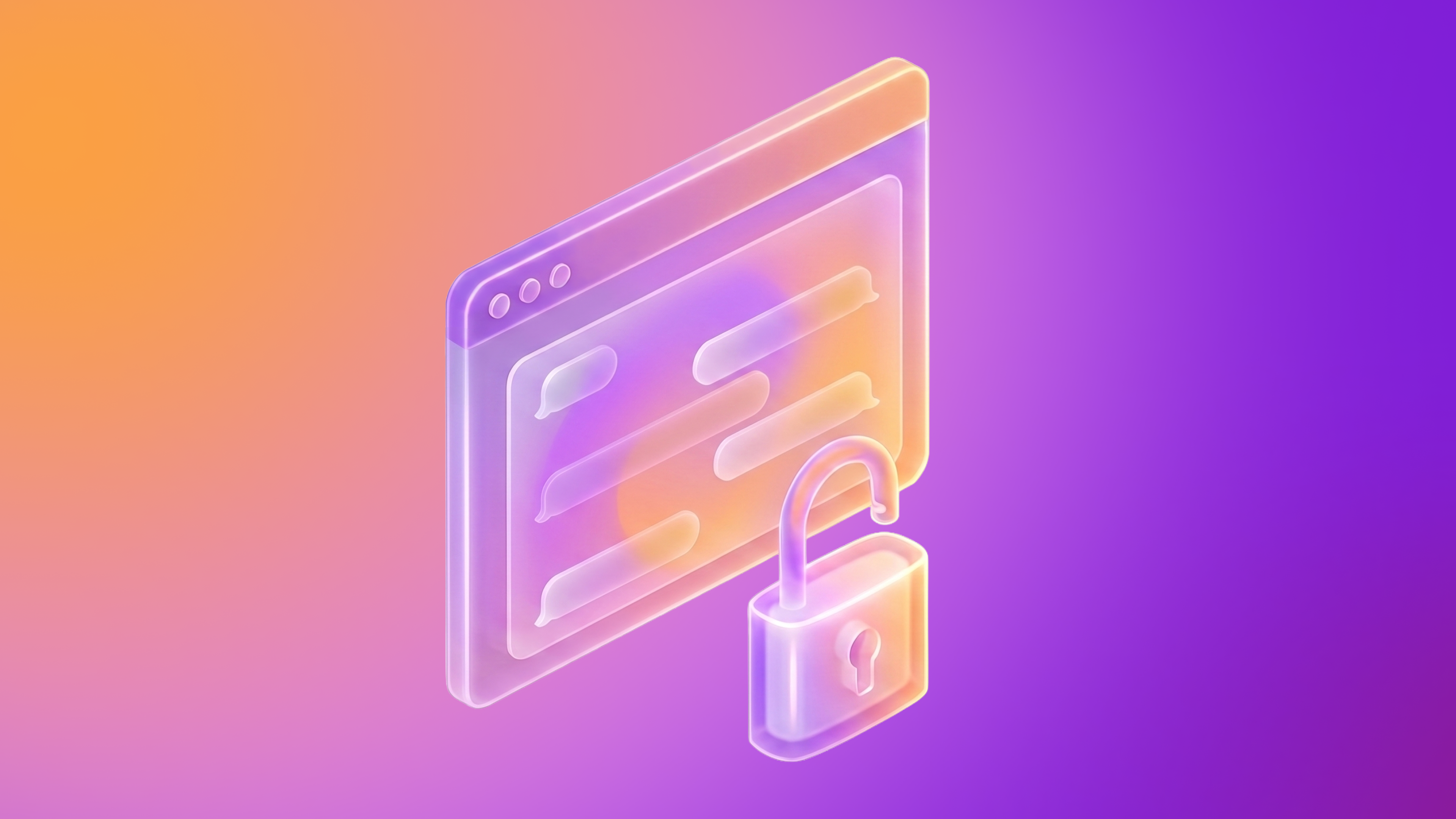 Colorful 3D illustration of a web browser window with chat bubbles and an unlocked padlock in front, symbolizing open or unsecured online communication.