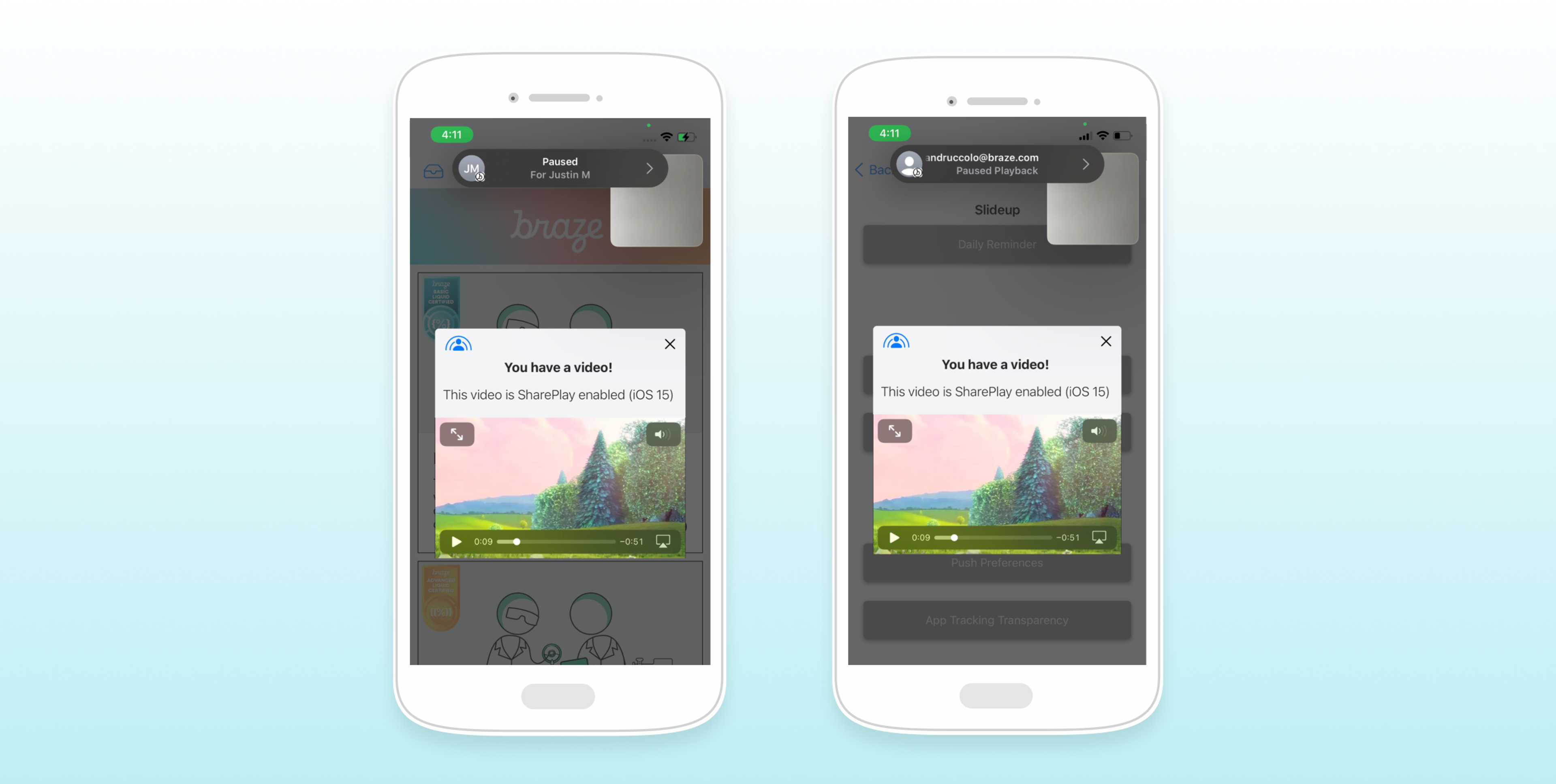Two smartphone screens displaying a paused video notification with a message indicating that the video is unavailable. The background features a colorful illustration of a landscape.