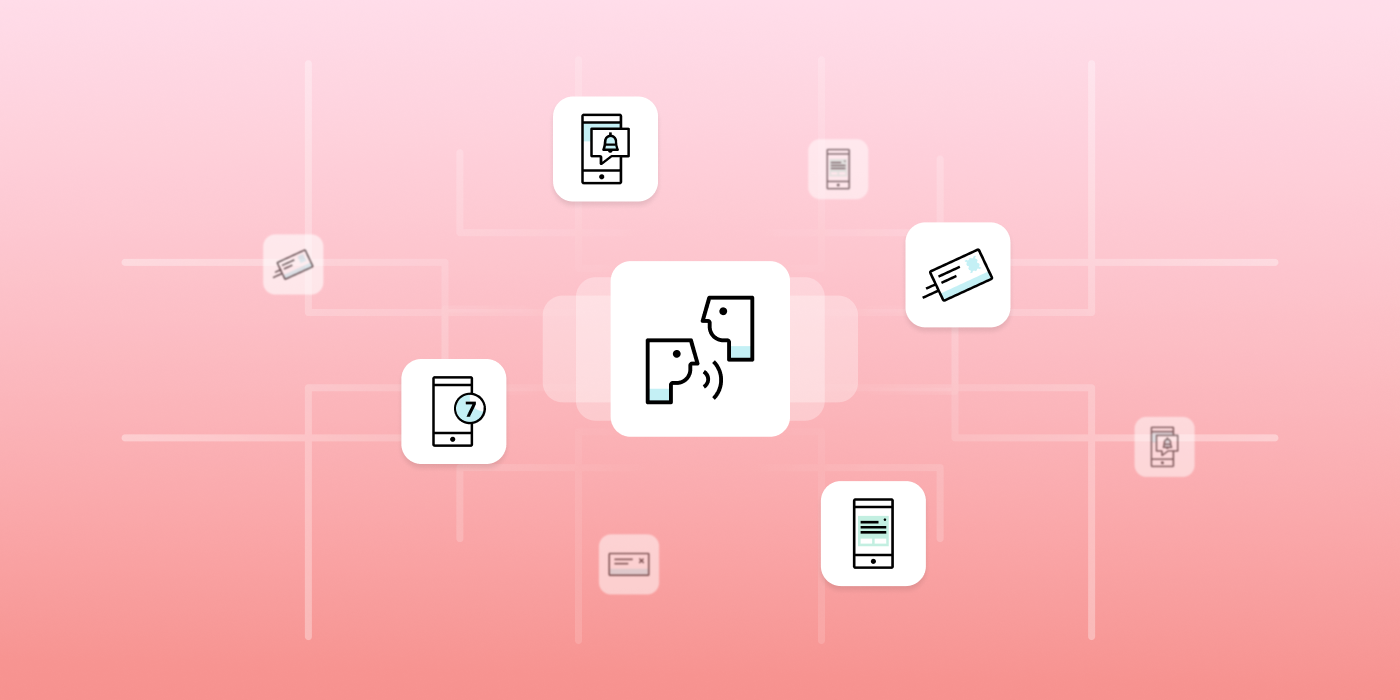 An illustration depicting various communication devices and icons connected to a central speech bubble, symbolizing interaction and information exchange. The background features a gradient from pink to white.