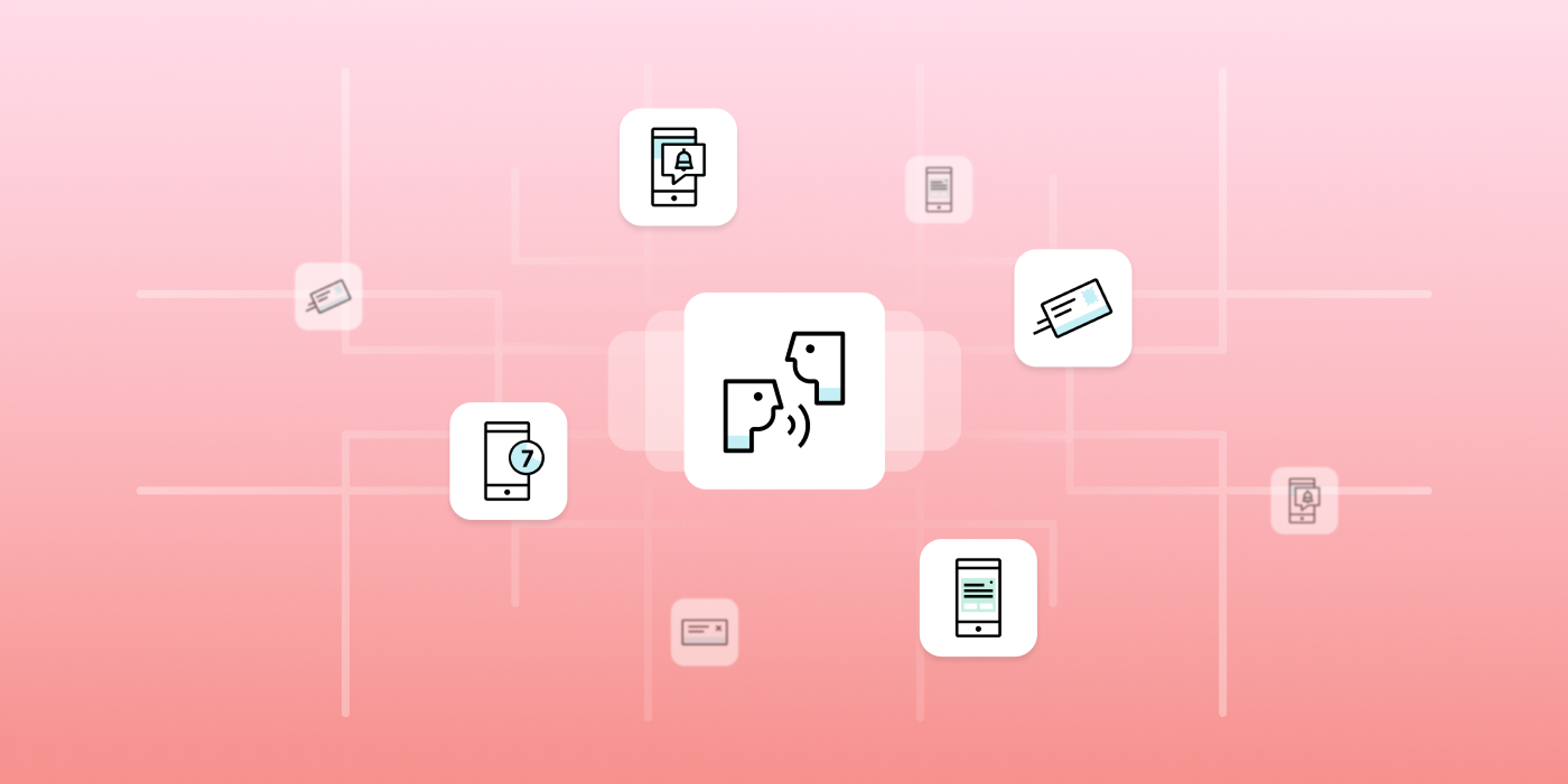 An illustration depicting various communication devices and icons connected to a central speech bubble, symbolizing interaction and information exchange. The background features a gradient from pink to white.