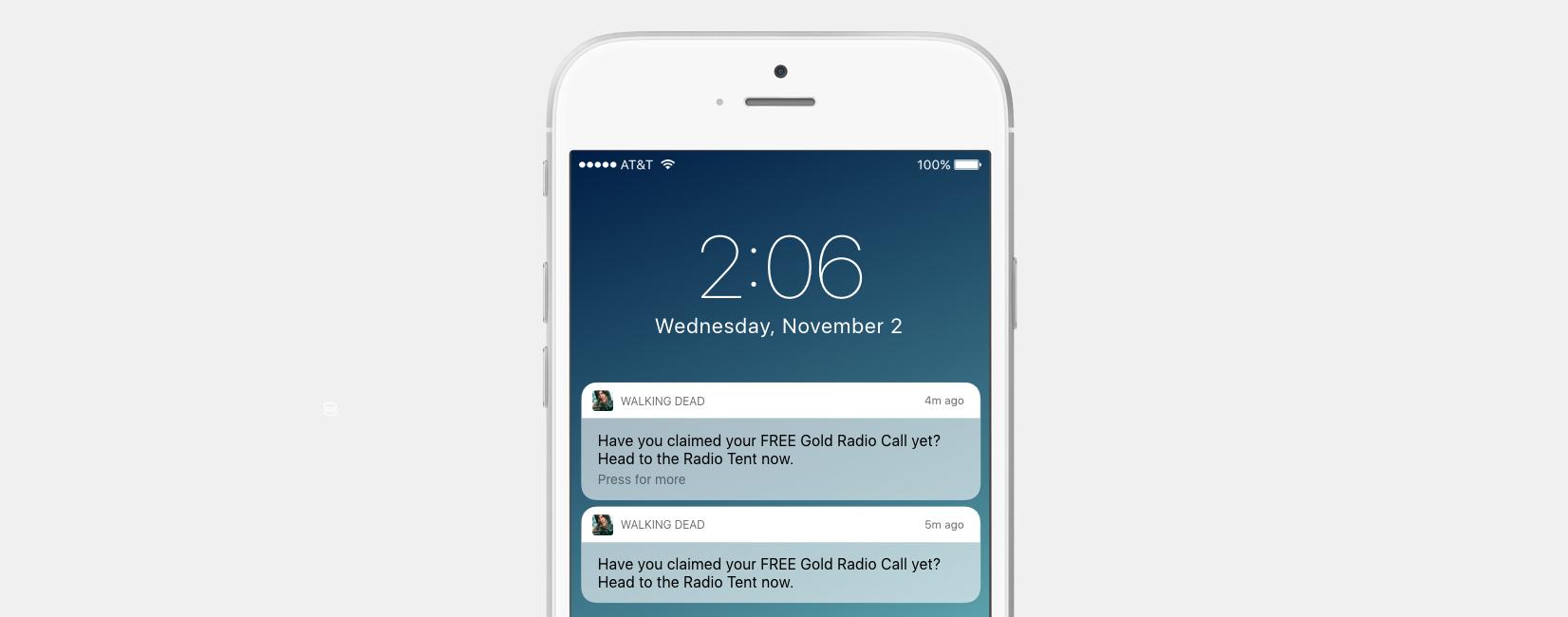 A smartphone screen displaying a notification at 2:06 PM on Wednesday, November 2, with messages about claiming a free Gold Radio Call.