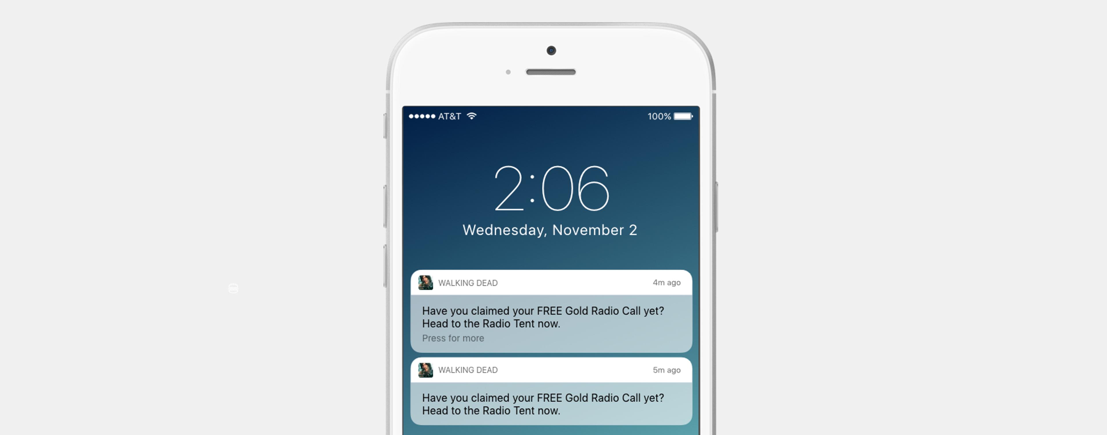 A smartphone screen displaying a notification at 2:06 PM on Wednesday, November 2, with messages about claiming a free Gold Radio Call.