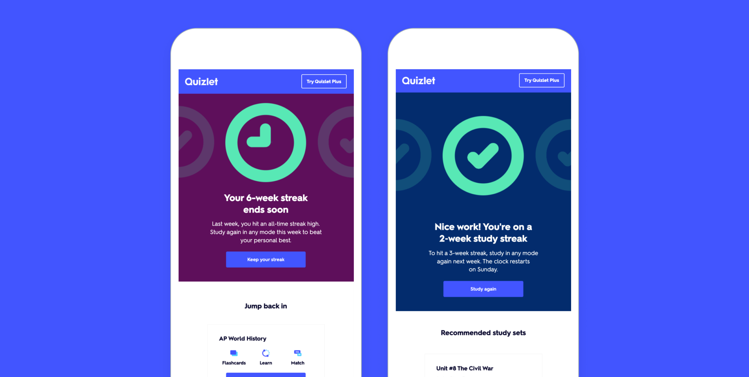Two smartphone screens displaying Quizlet notifications about study streaks. One screen shows a reminder for a 6-week streak, while the other highlights a 2-week study streak.
