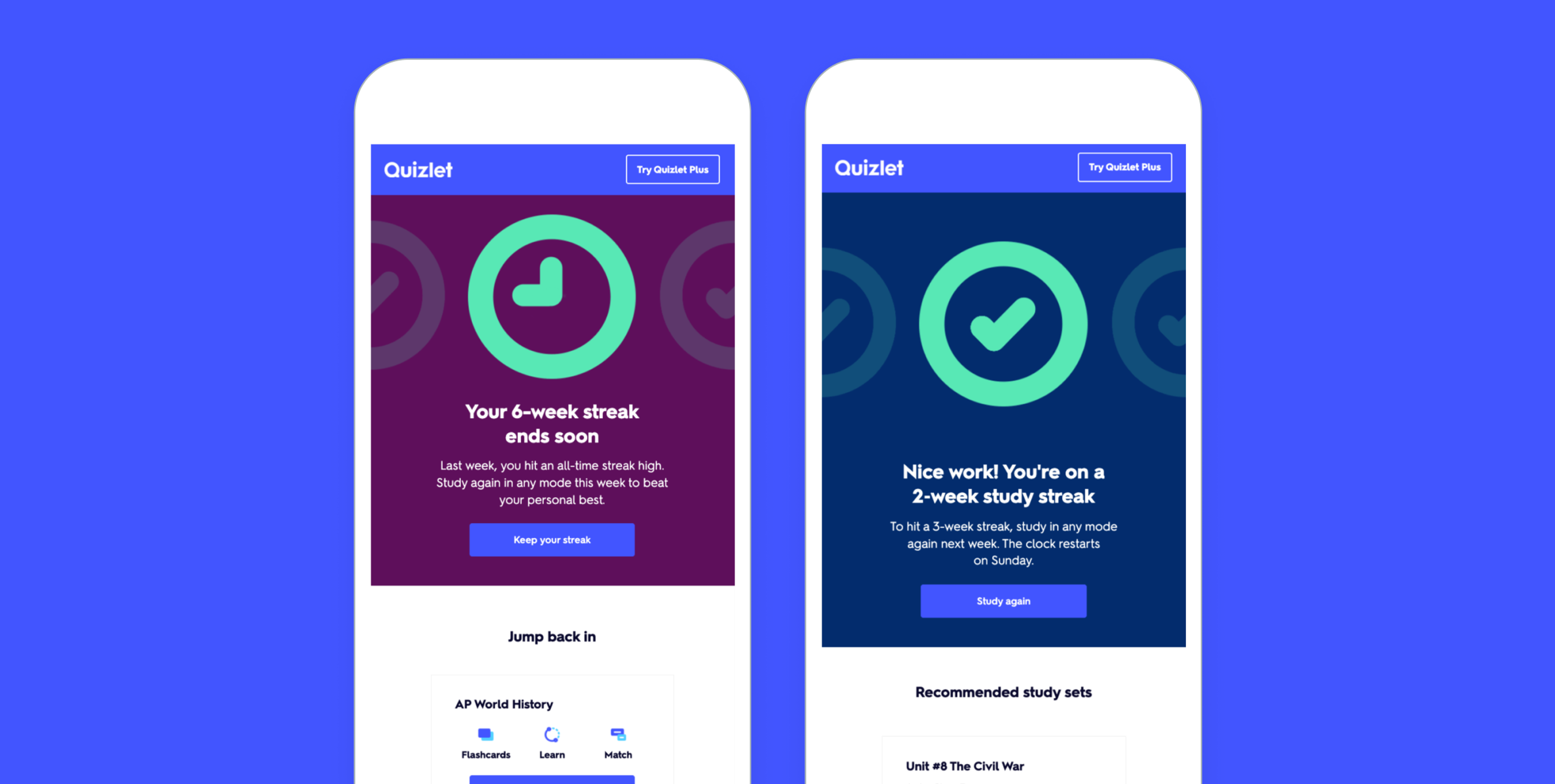 Two smartphone screens displaying Quizlet notifications about study streaks. One screen shows a reminder for a 6-week streak, while the other highlights a 2-week study streak.