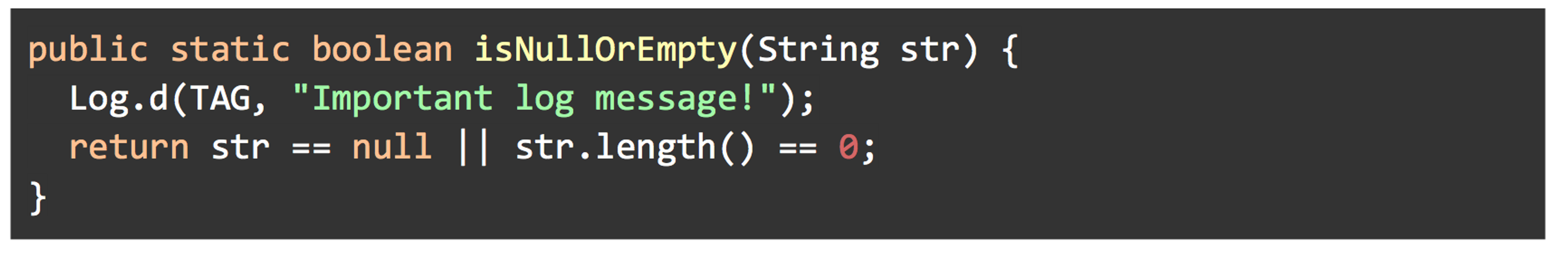 A code snippet in Java that defines a method to check if a string is null or empty. The method logs a message and returns a boolean value.