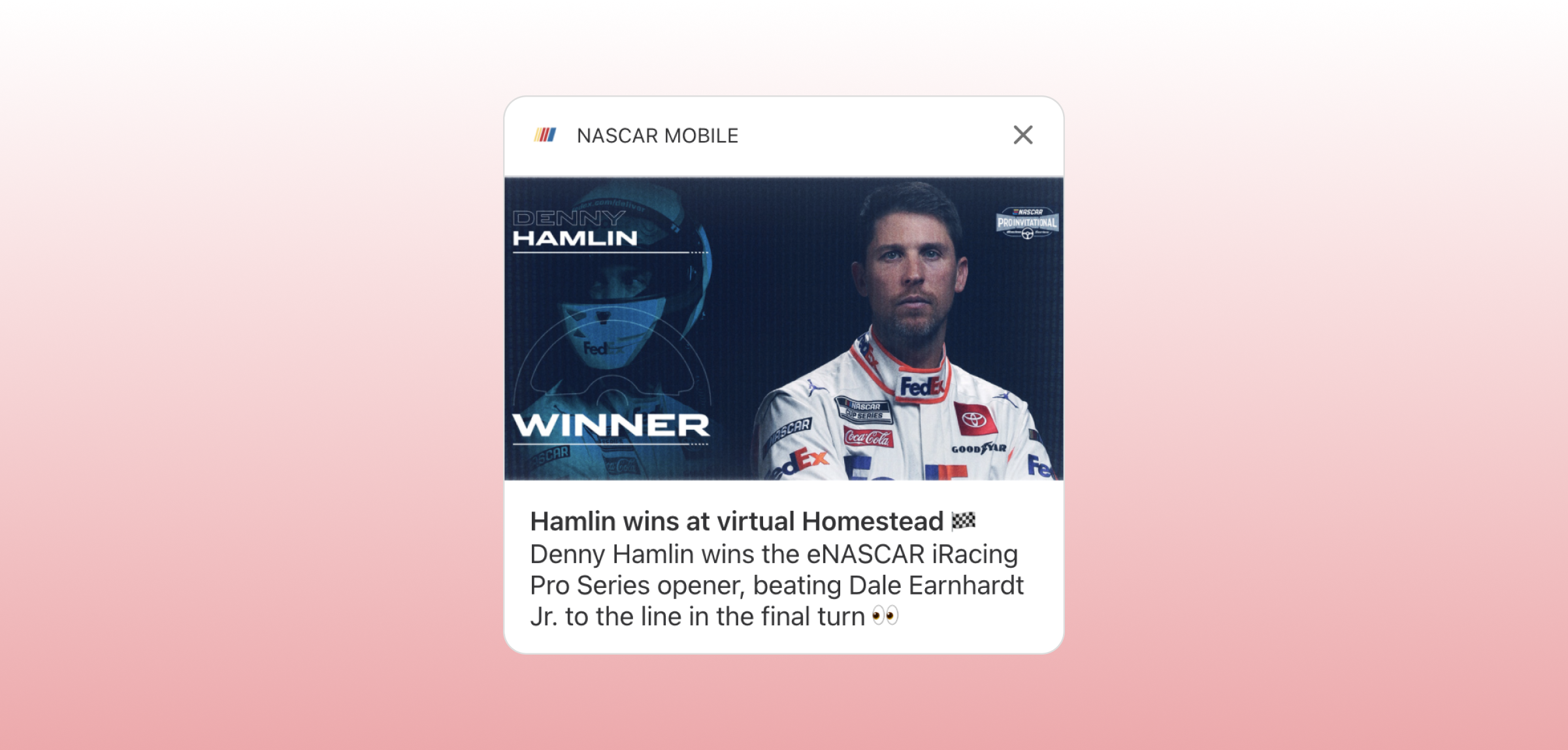 Denny Hamlin wins the eNASCAR iRacing Pro Series opener at virtual Homestead, beating Dale Earnhardt Jr. in the final turn.