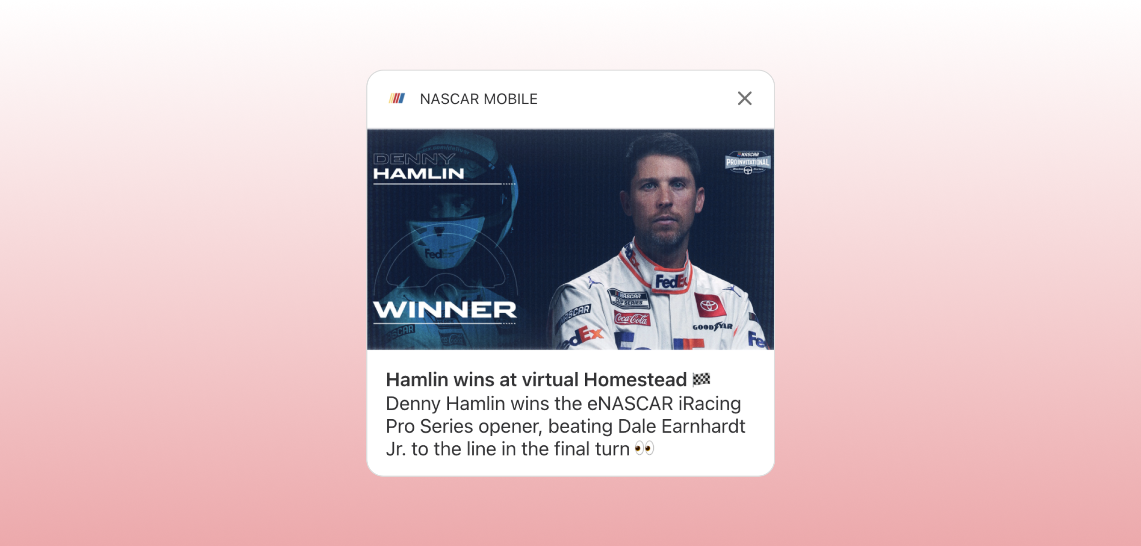 Denny Hamlin wins the eNASCAR iRacing Pro Series opener at virtual Homestead, beating Dale Earnhardt Jr. in the final turn.