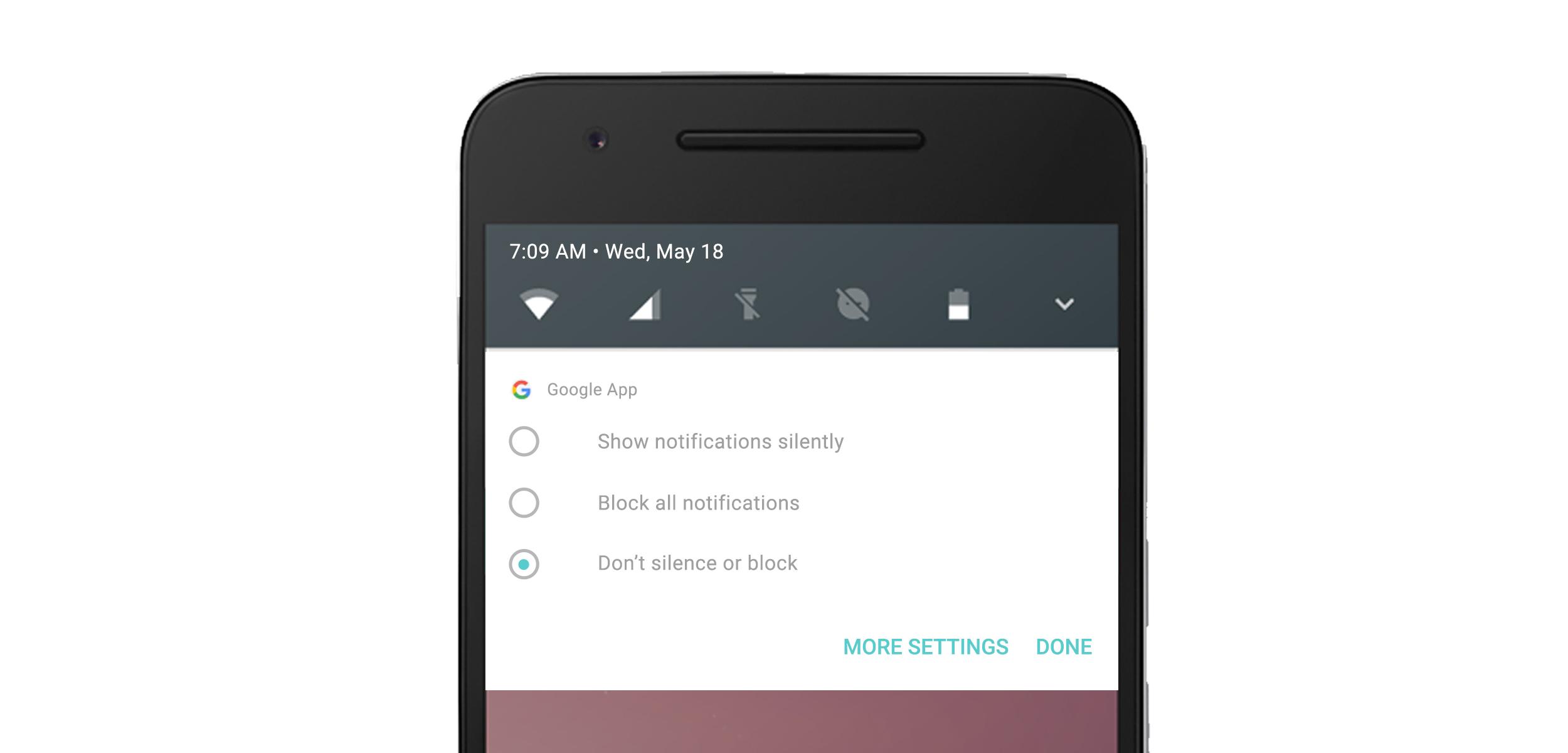 A smartphone screen displaying notification settings for the Google app, with options to show notifications silently, block all notifications, or not silence/block. The time is 7:09 AM on Wednesday, May 18.
