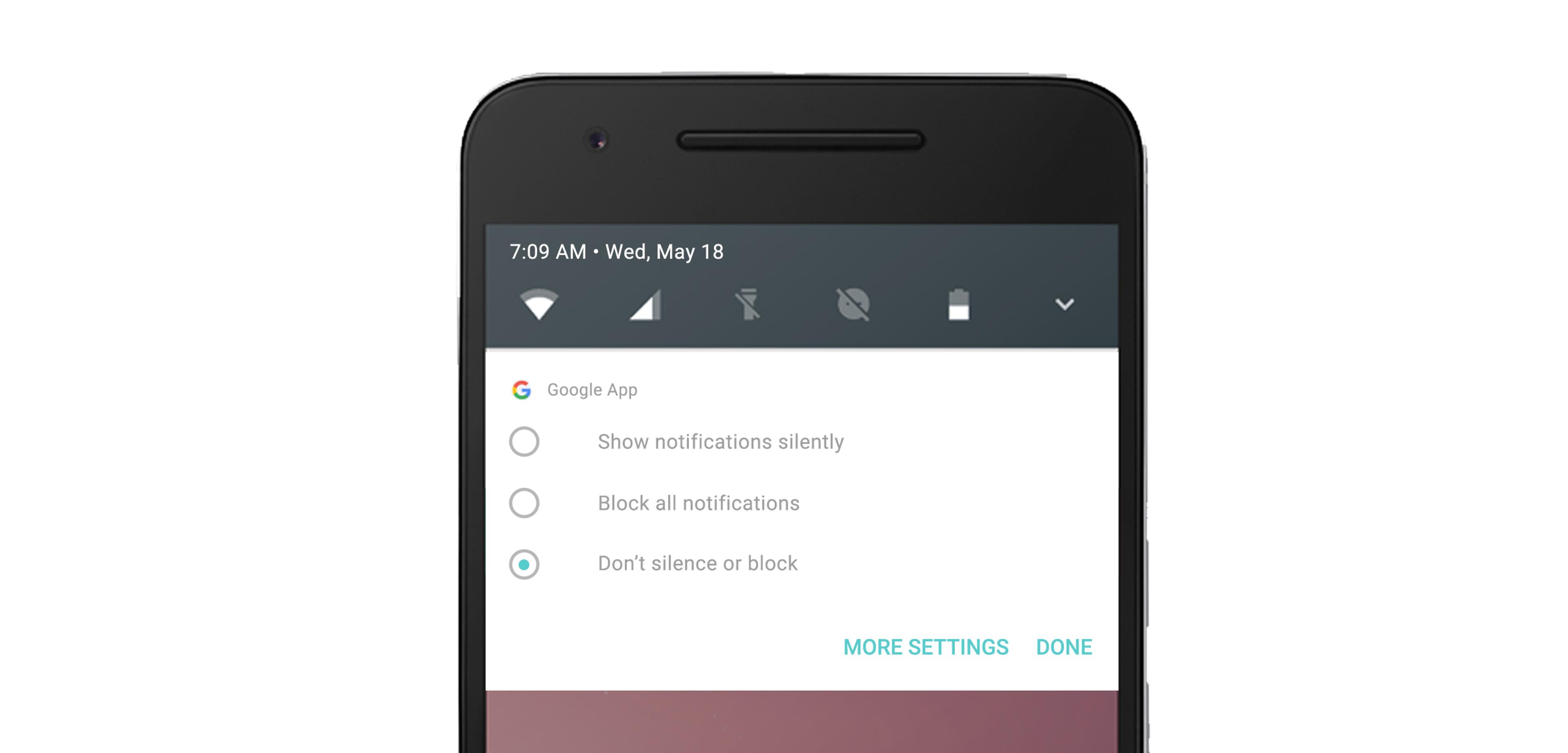 A smartphone screen displaying notification settings for the Google app, with options to show notifications silently, block all notifications, or not silence/block. The time is 7:09 AM on Wednesday, May 18.