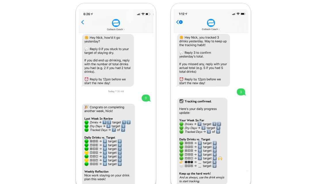Two smartphone screens displaying a messaging app. The left screen shows a conversation about tracking daily drinks, while the right screen confirms tracking progress and provides a weekly reflection.