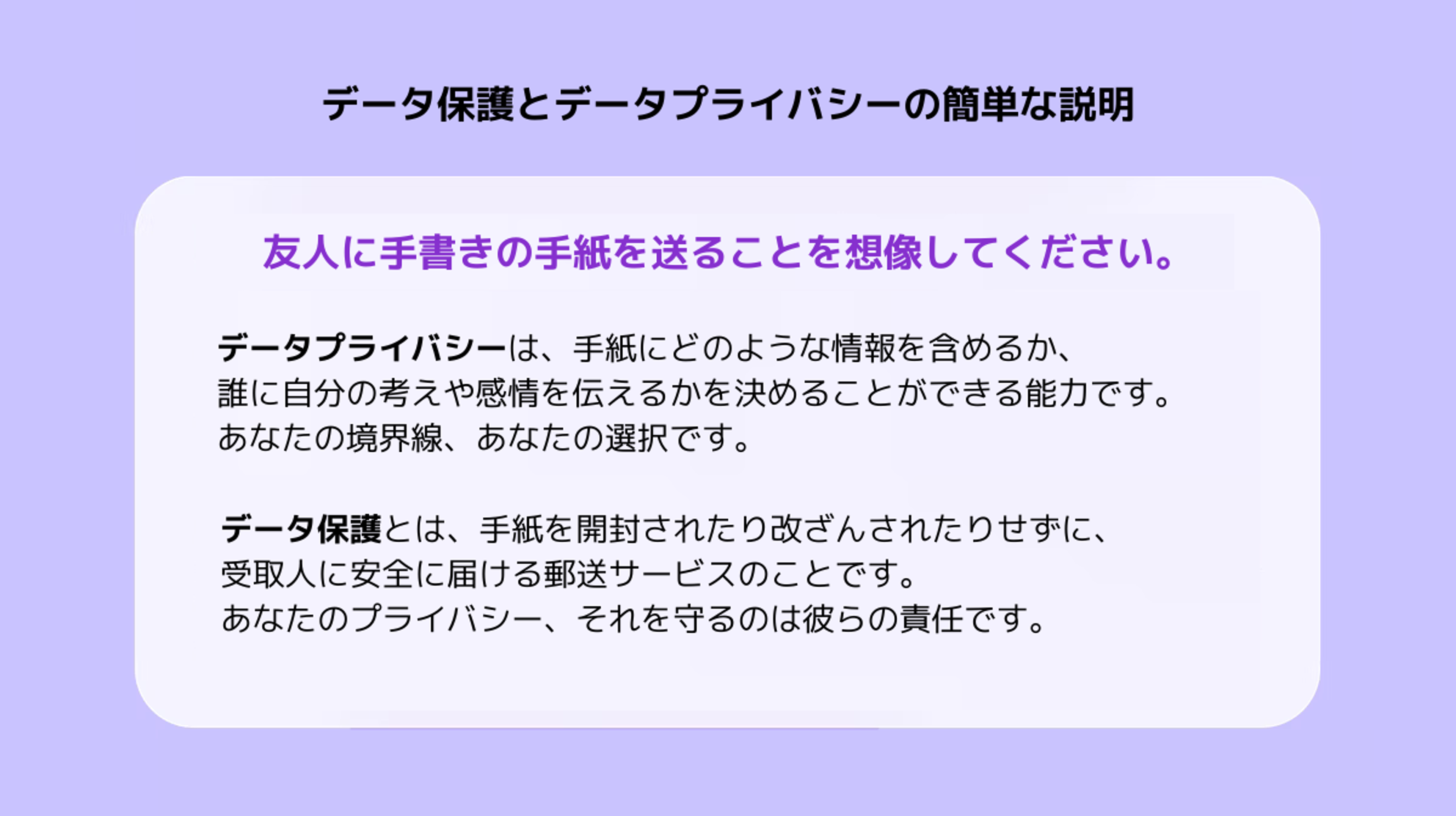 データ保護とデータプライバシーに関する説明。友人に手書きの手紙を送ることを想像してください。