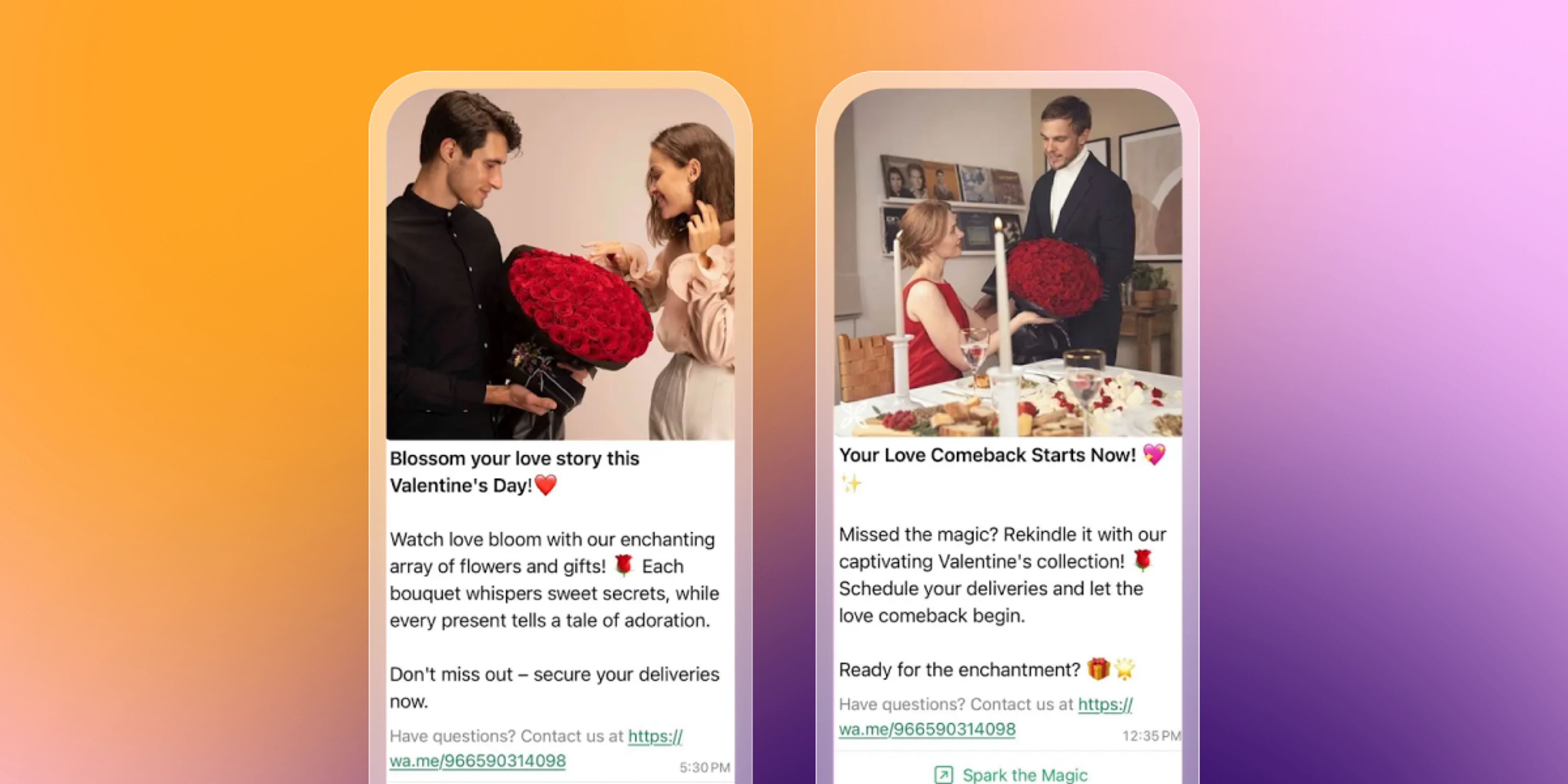 Two smartphone screens displaying advertisements for Valentine's Day flowers, featuring couples with red rose bouquets.