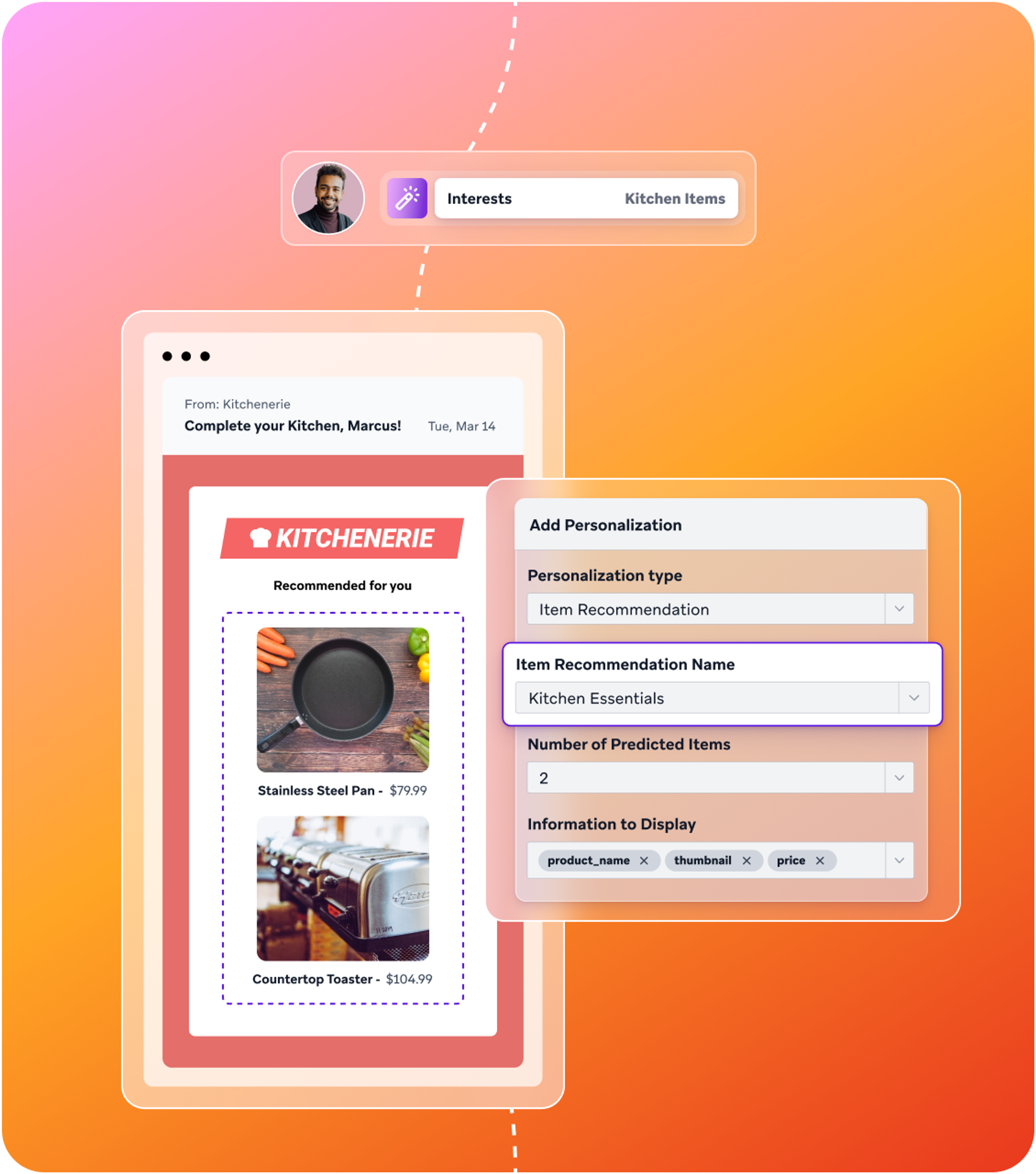 Elements of the Braze Sage AI interface next to an example message created in part by Sage AI.