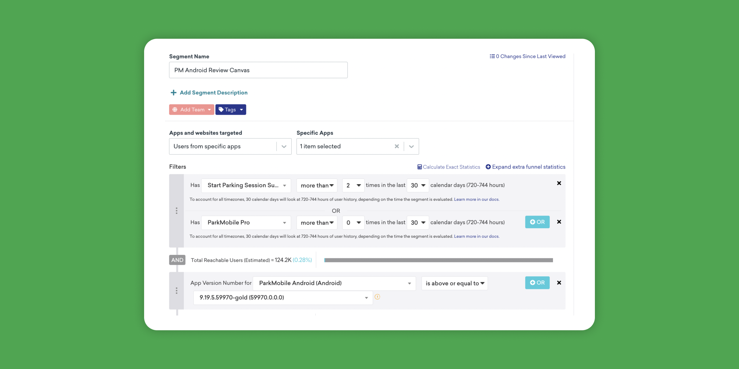 A screenshot of a digital interface displaying options for segmenting users and filtering app data. The background is green, and various fields for inputting criteria are visible.