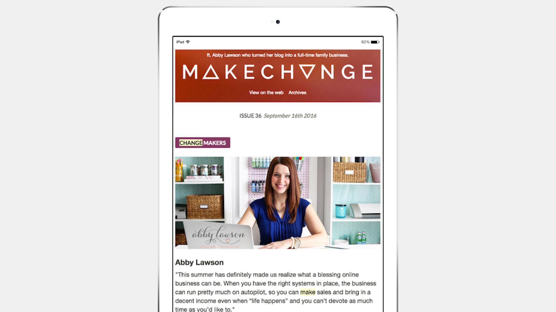 A woman sits at a desk with craft supplies, smiling at the camera. The image is part of a digital magazine titled "MAKECHANGE.