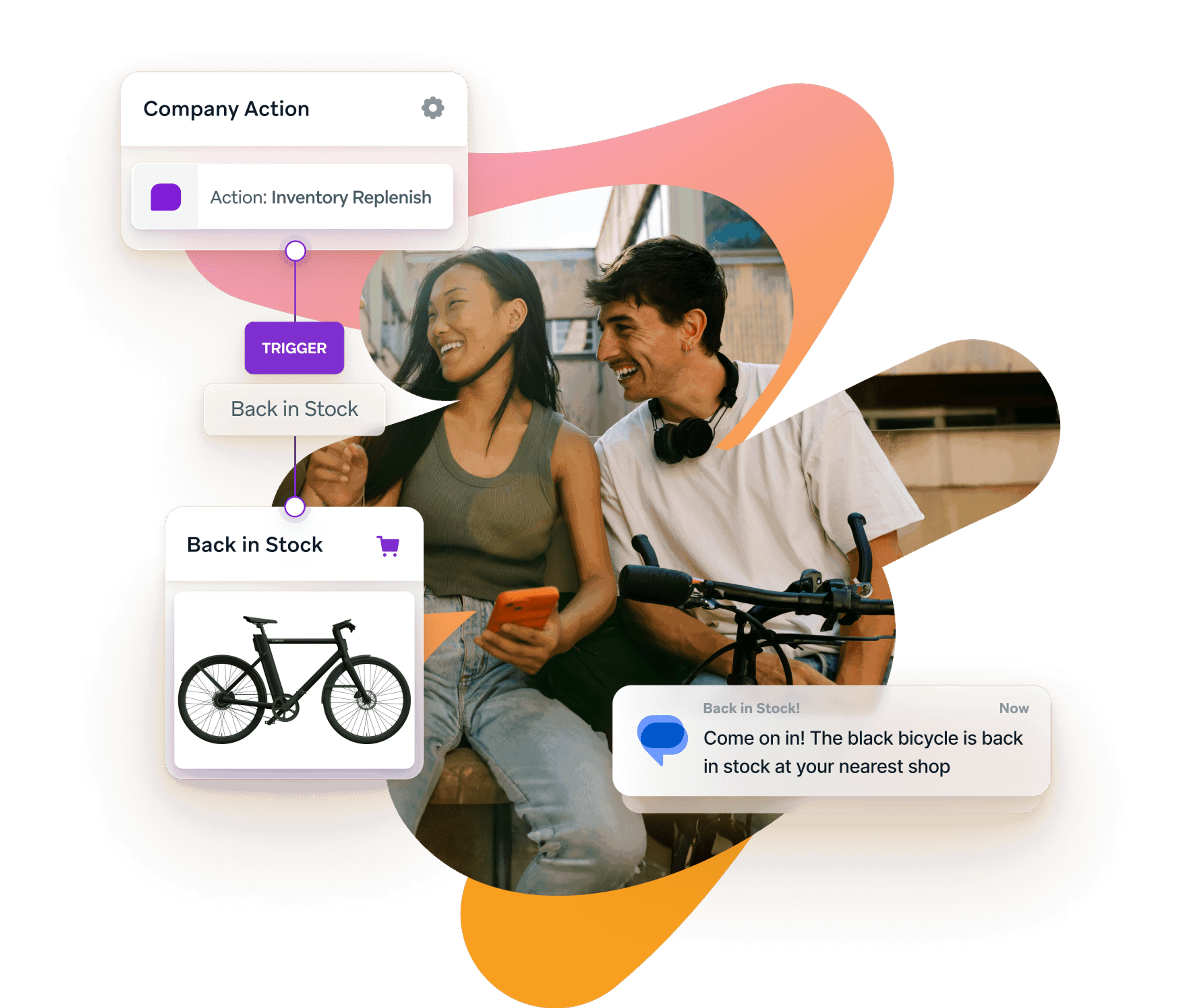 a man and woman are sitting on a bench with a bicycle in the background