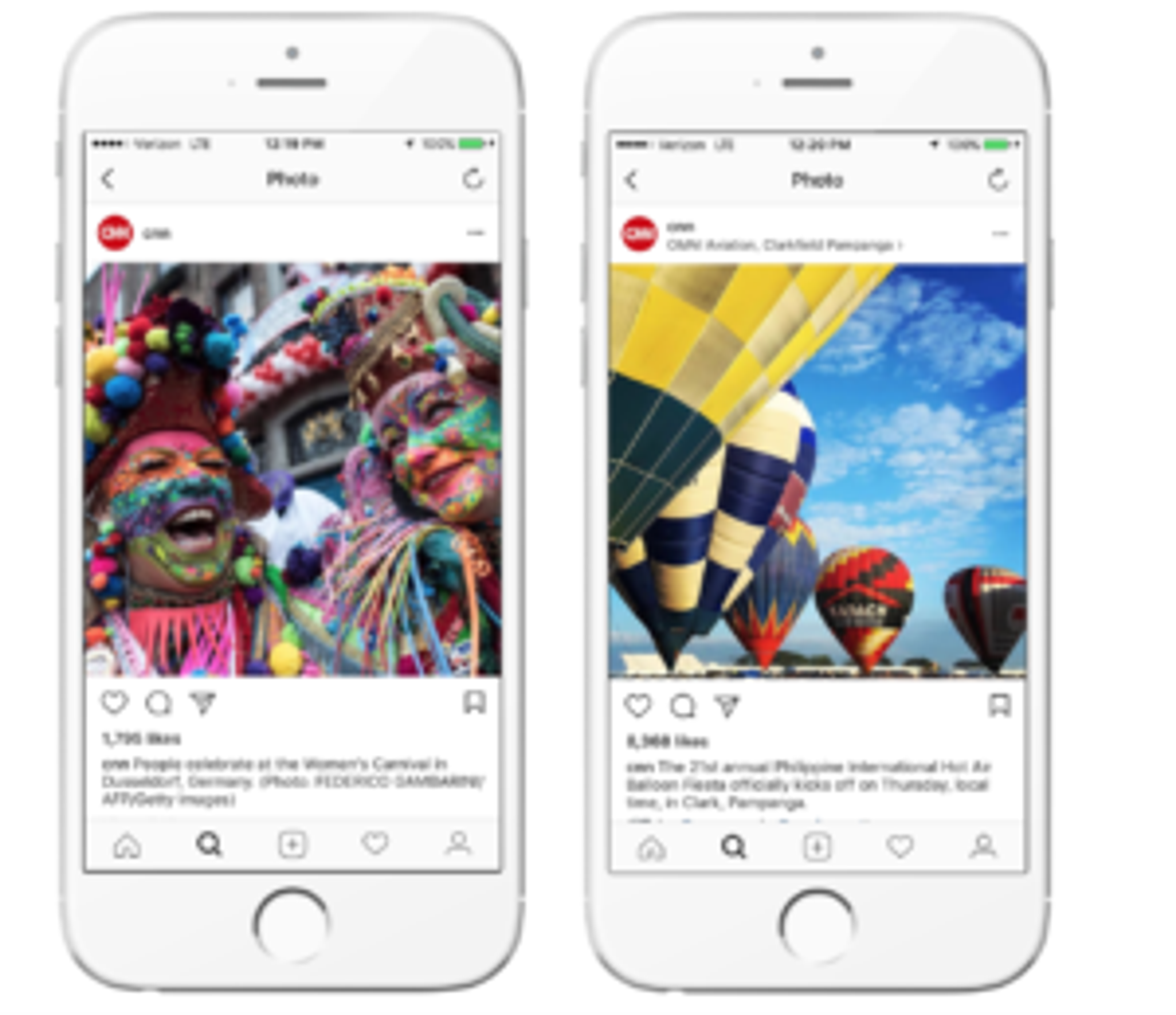 Two smartphones display Instagram posts: one shows colorful masks at a carnival, and the other features hot air balloons at a festival.