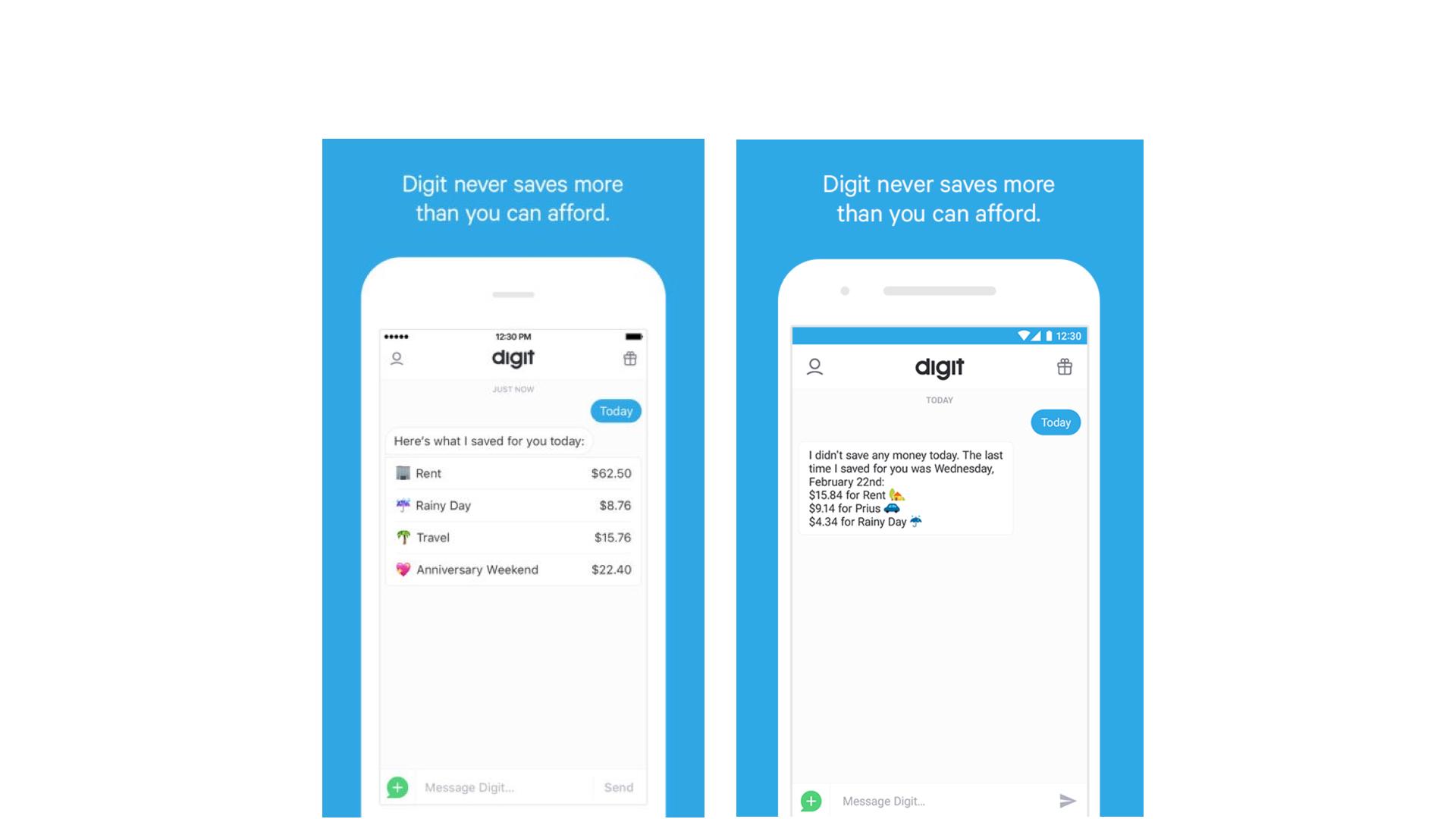 Screenshots of the Digit app showing savings suggestions and account balances. The app emphasizes that it never saves more than you can afford.