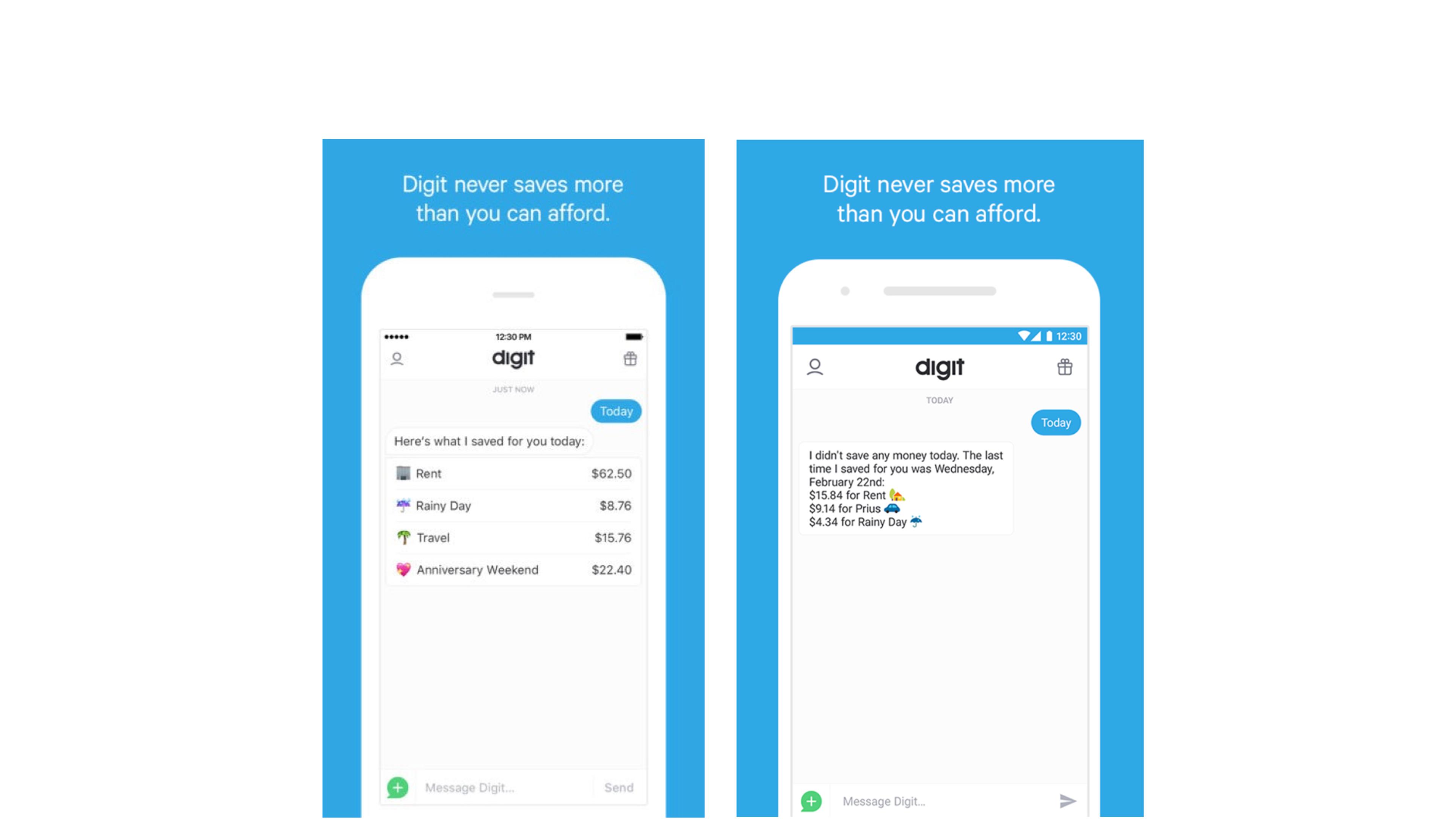 Screenshots of the Digit app showing savings suggestions and account balances. The app emphasizes that it never saves more than you can afford.