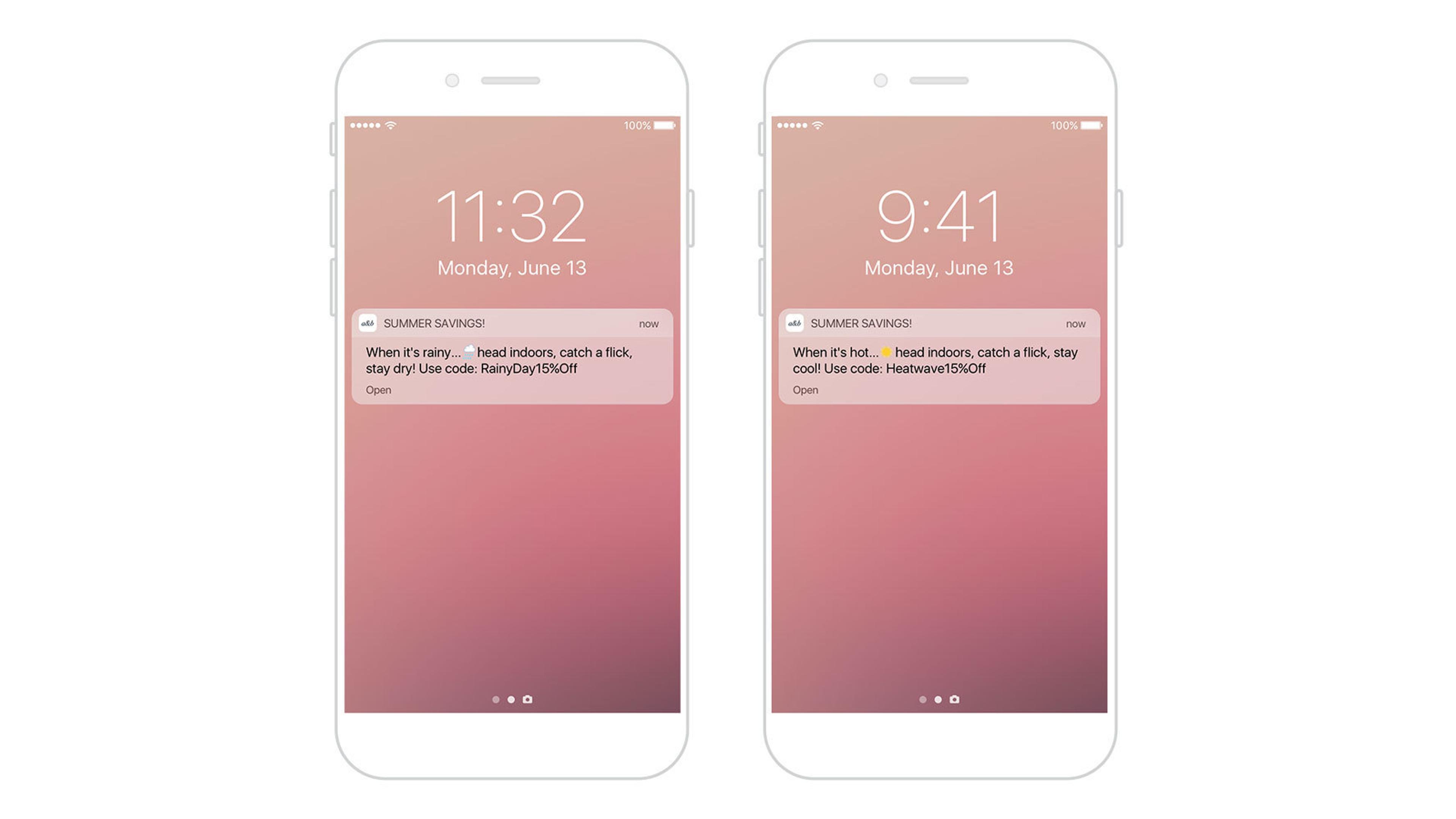 Two smartphones displaying notifications about staying indoors and catching a flick, with different times and dates. The background is a gradient of soft pink hues.