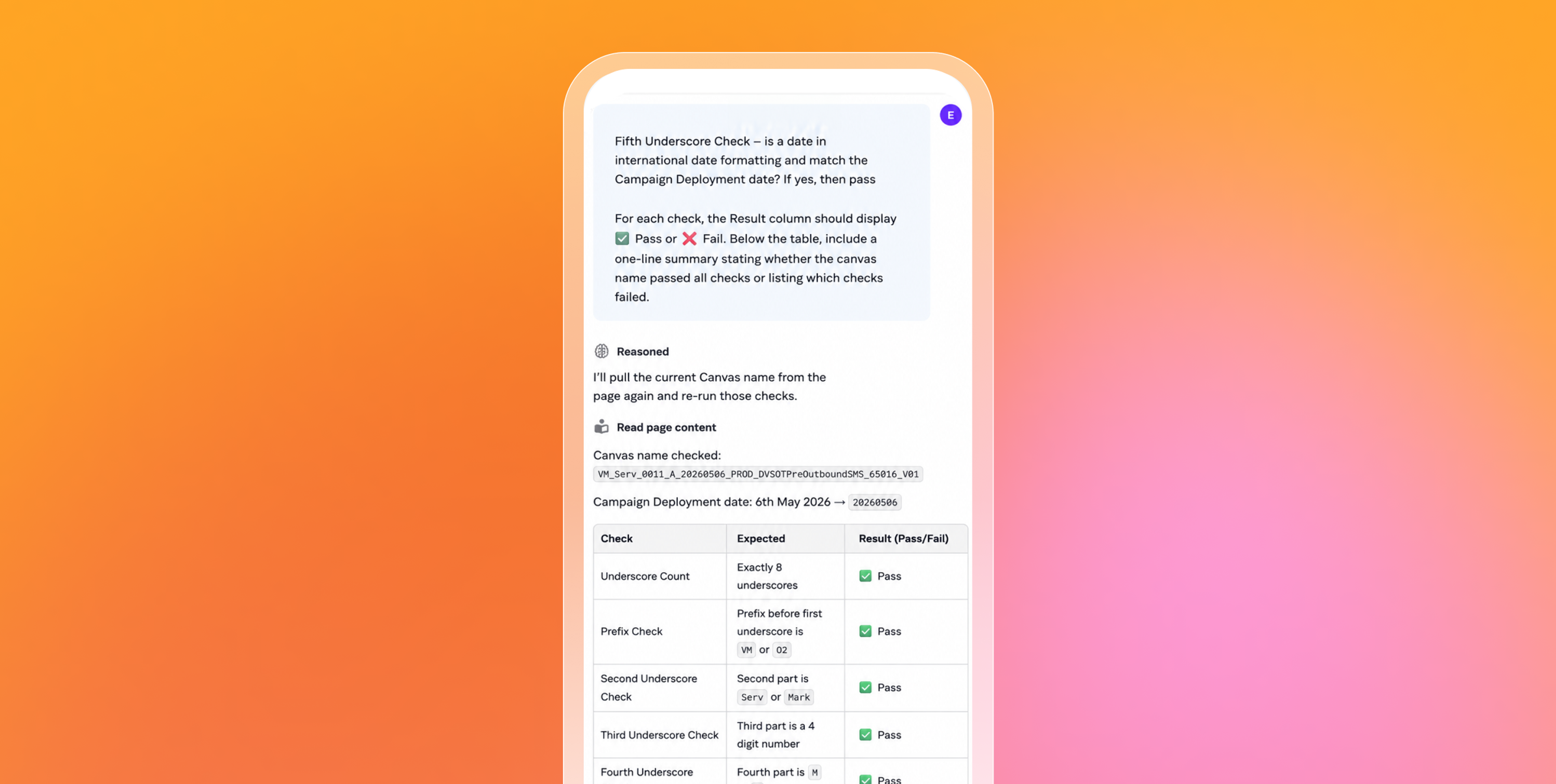 Mobile phone mockup showing an AI assistant interface with a checklist and pass/fail results, centered on a bright orange-to-pink gradient background.