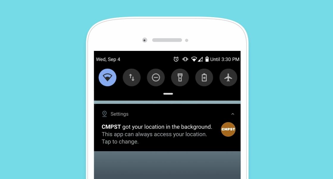 A smartphone screen displaying a notification about location access from the CMPST app. The status bar shows icons for Wi-Fi, battery, and other settings.