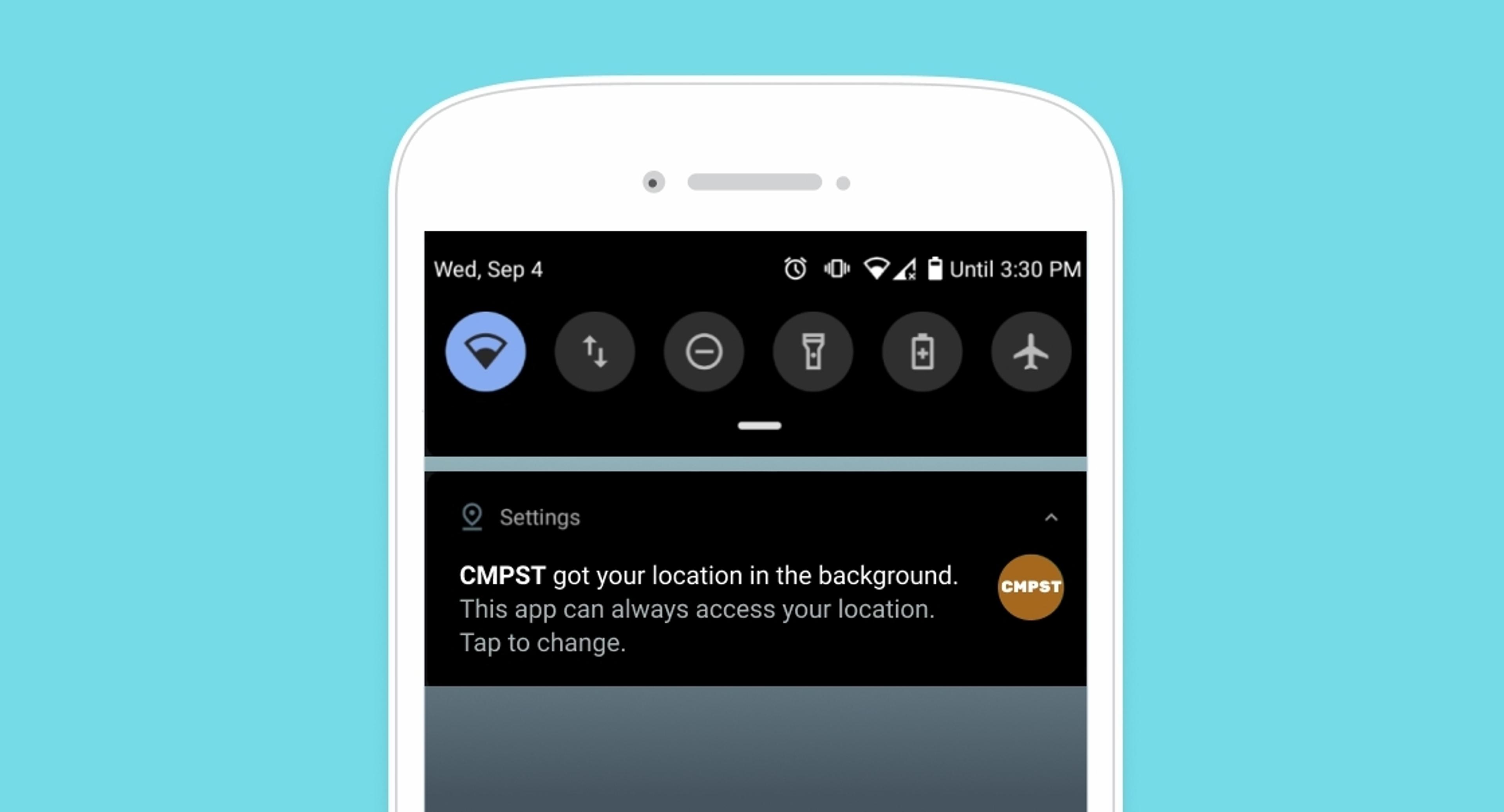 A smartphone screen displaying a notification about location access from the CMPST app. The status bar shows icons for Wi-Fi, battery, and other settings.
