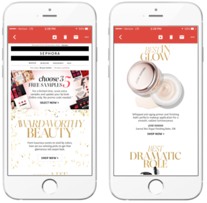 Two smartphone screens displaying a Sephora email advertisement featuring promotional offers and product highlights. The left screen shows a selection of free samples, while the right screen highlights beauty products with enticing descriptions.