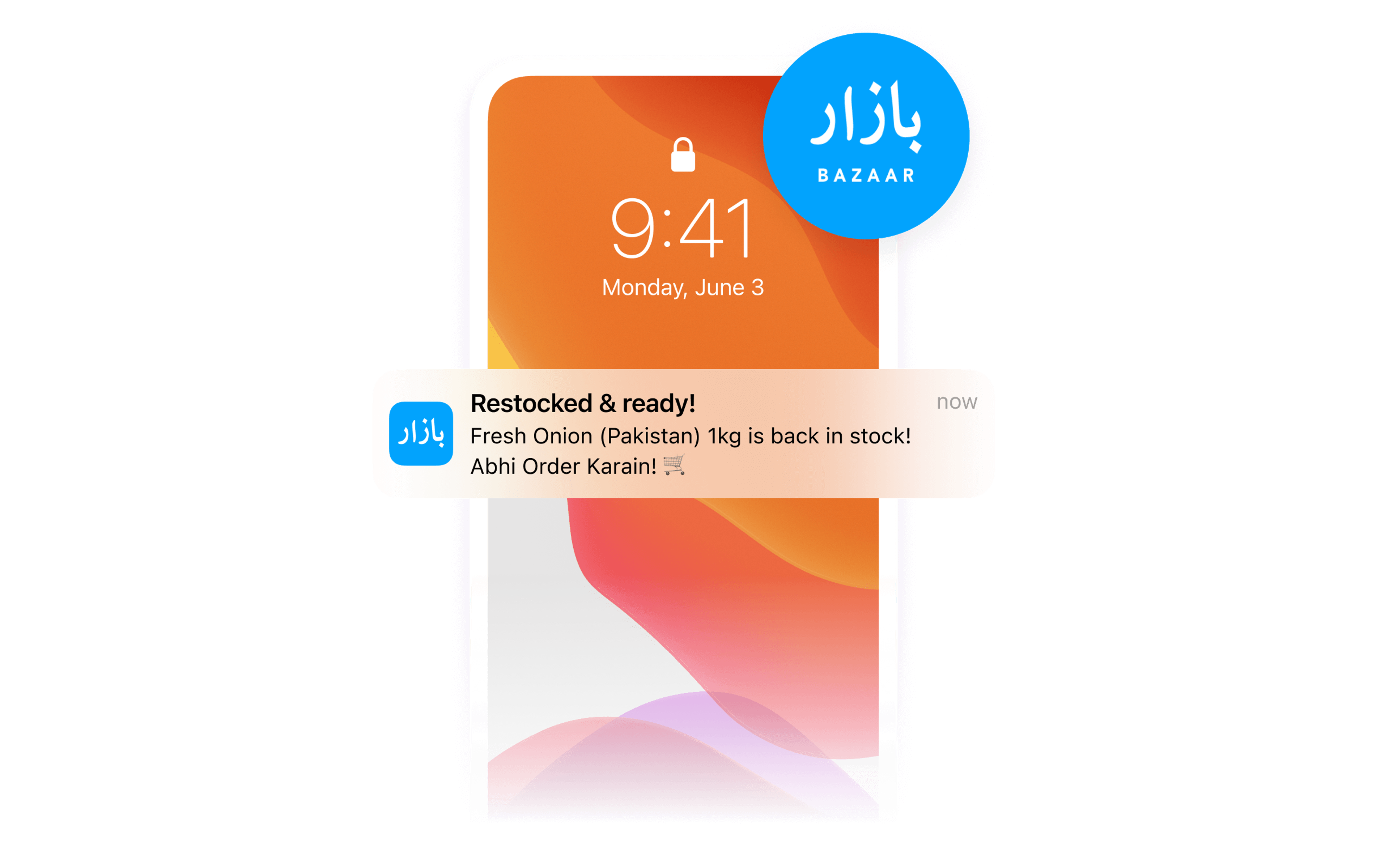 Smartphone with a Bazaar app notification: "Fresh Onion (Pakistan) 1kg is back in stock!"