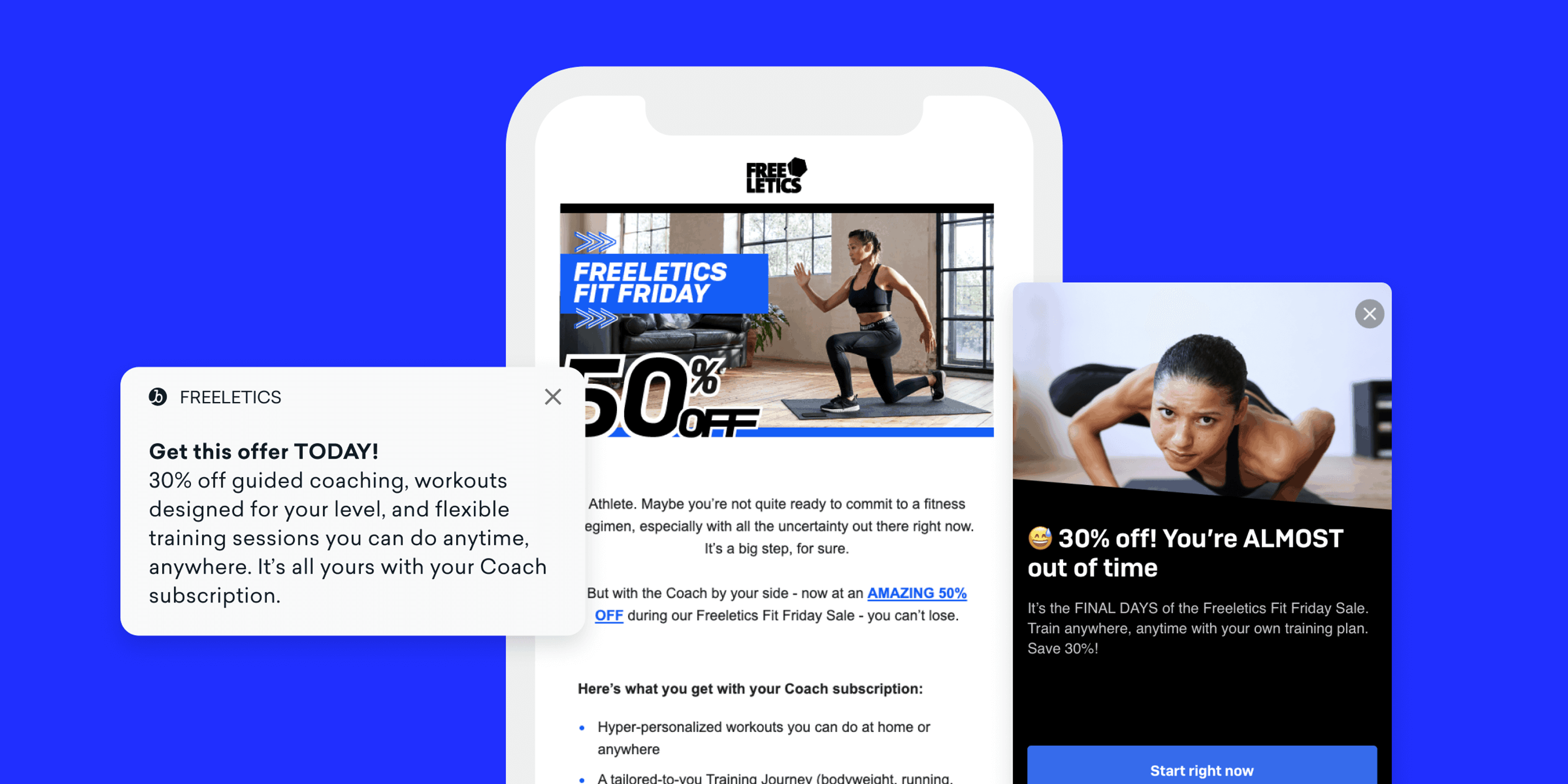 A smartphone displaying a promotional email for Freeletics, featuring a fitness coach and a discount offer. The background is a solid blue color.